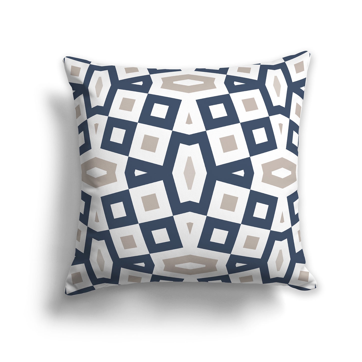 16 inch Throw Pillow with Blue, Taupe and White Geometric Pattern