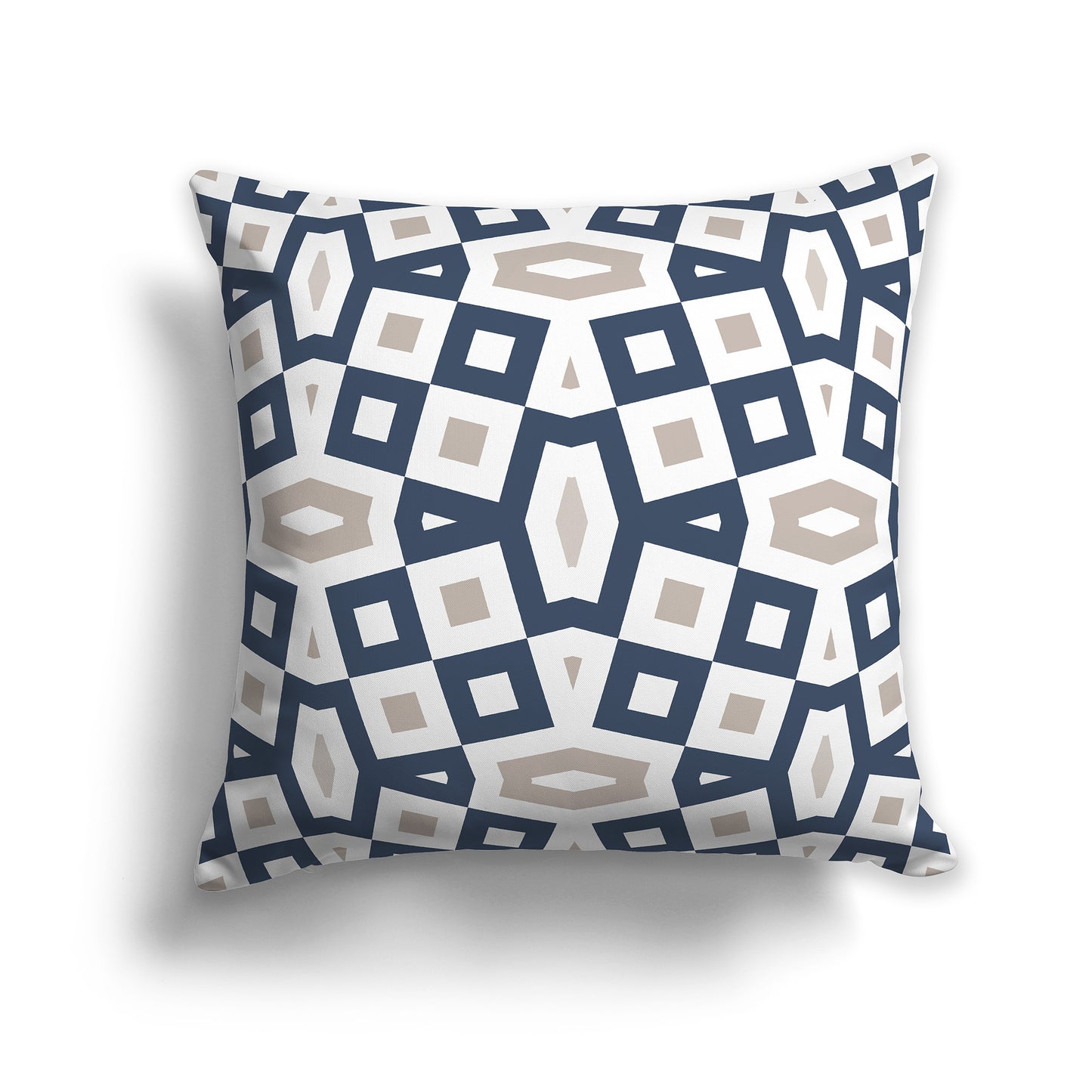 18 inch Throw Pillow with Blue, Taupe and White Geometric Pattern