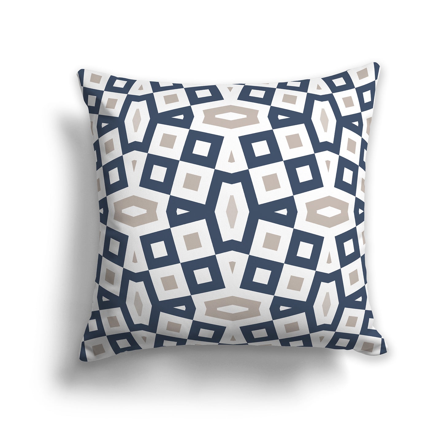 20 inch Throw Pillow with Blue, Taupe and White Geometric Pattern