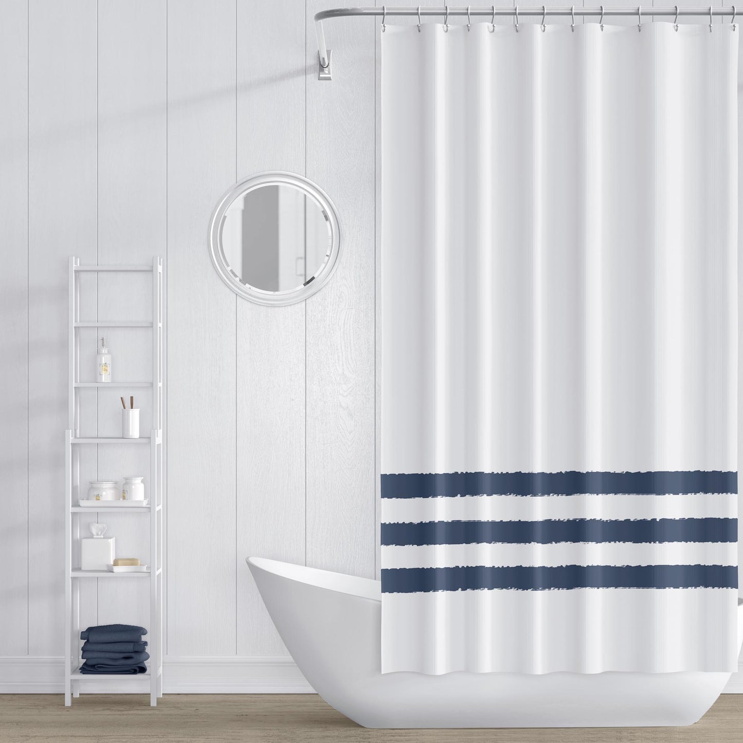 White Shower Curtain with Blue Hand-painted Stripe Print | SC-1162-200