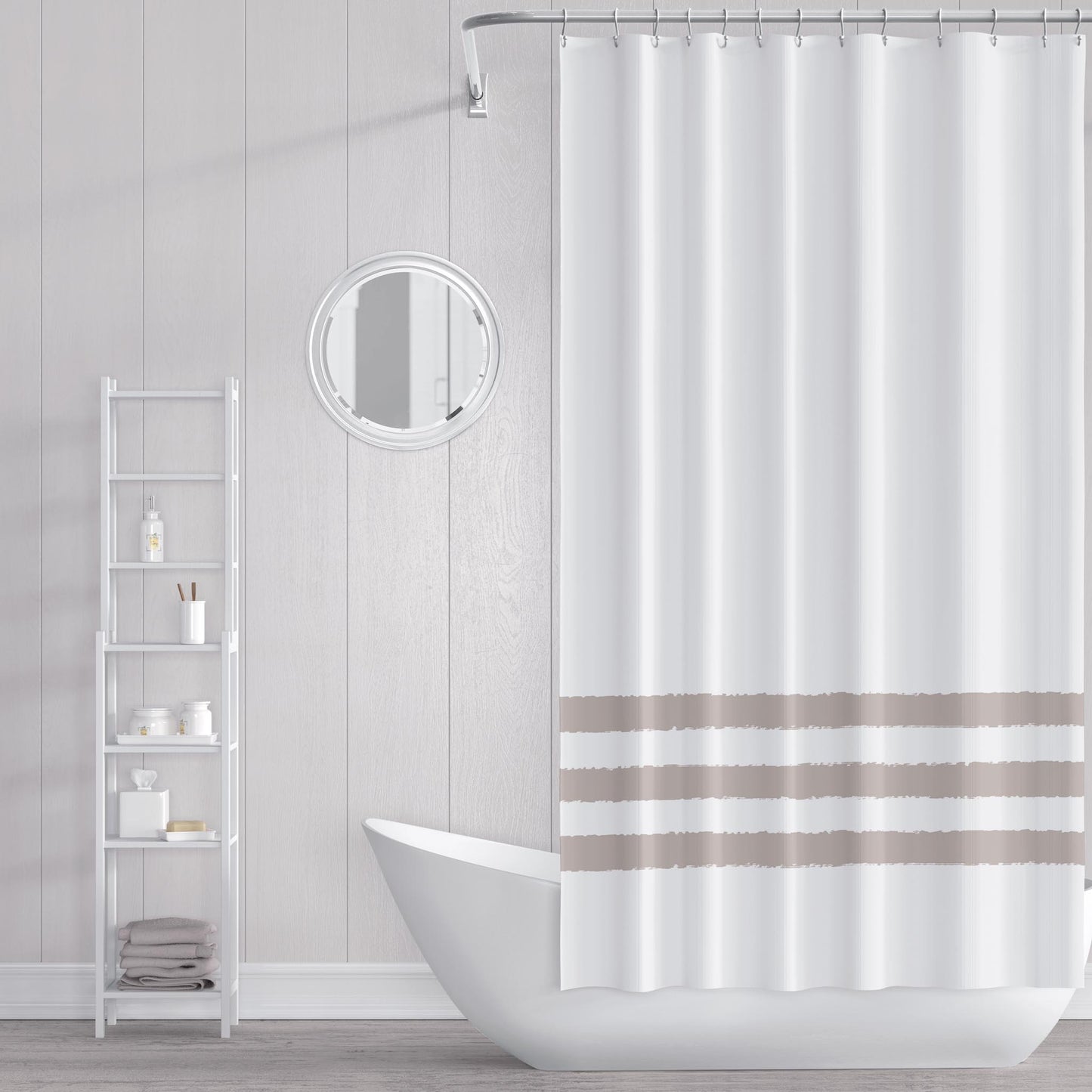 White Polyester Shower Curtain with Dark Taupe Hand-painted Brush Stroke Print #SC-1162-400