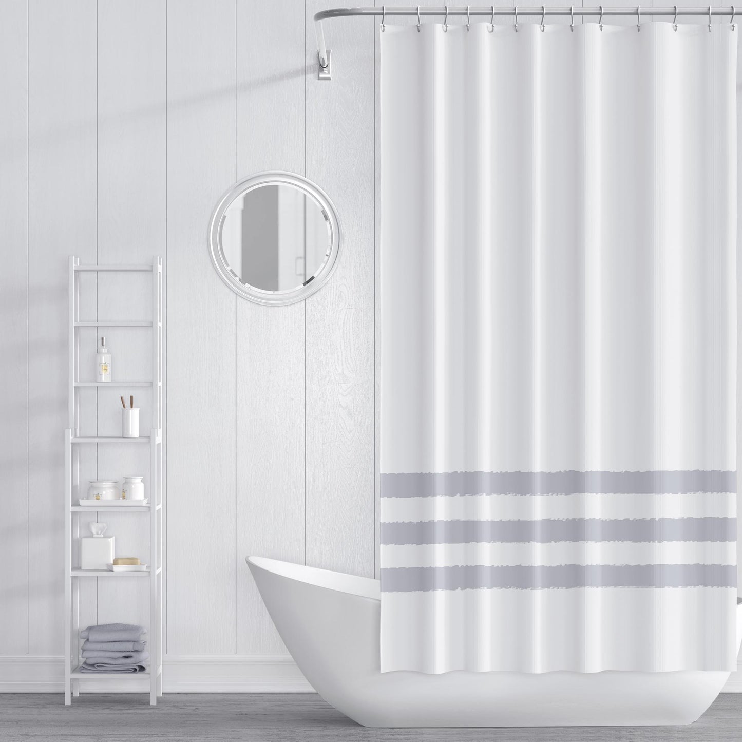 White Polyester Shower Curtain with Light Grey Hand-painted Brush Stroke Print #SC-1163-333