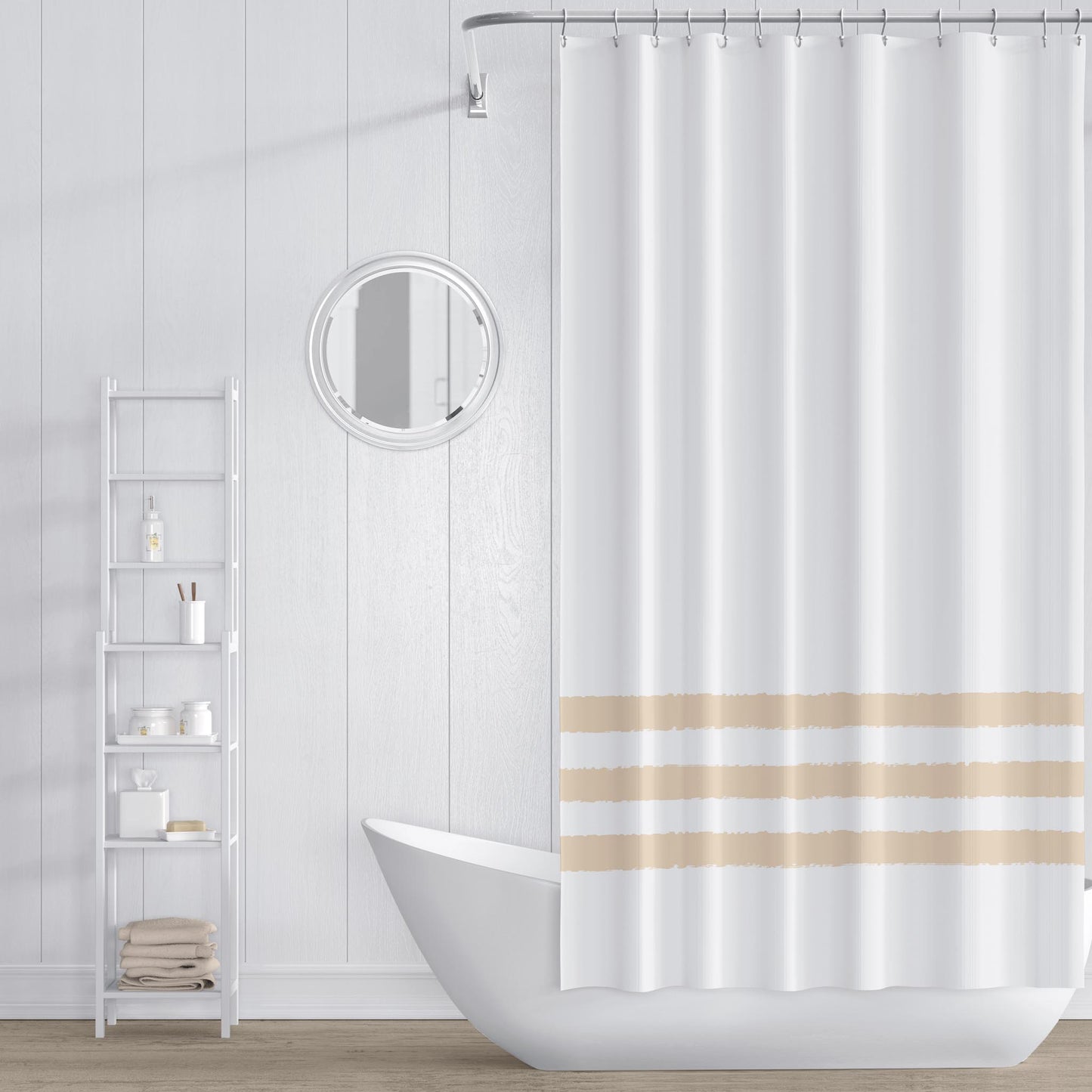 White Shower Curtain with Gold Hand-painted Stripe Print | SC-1163-500