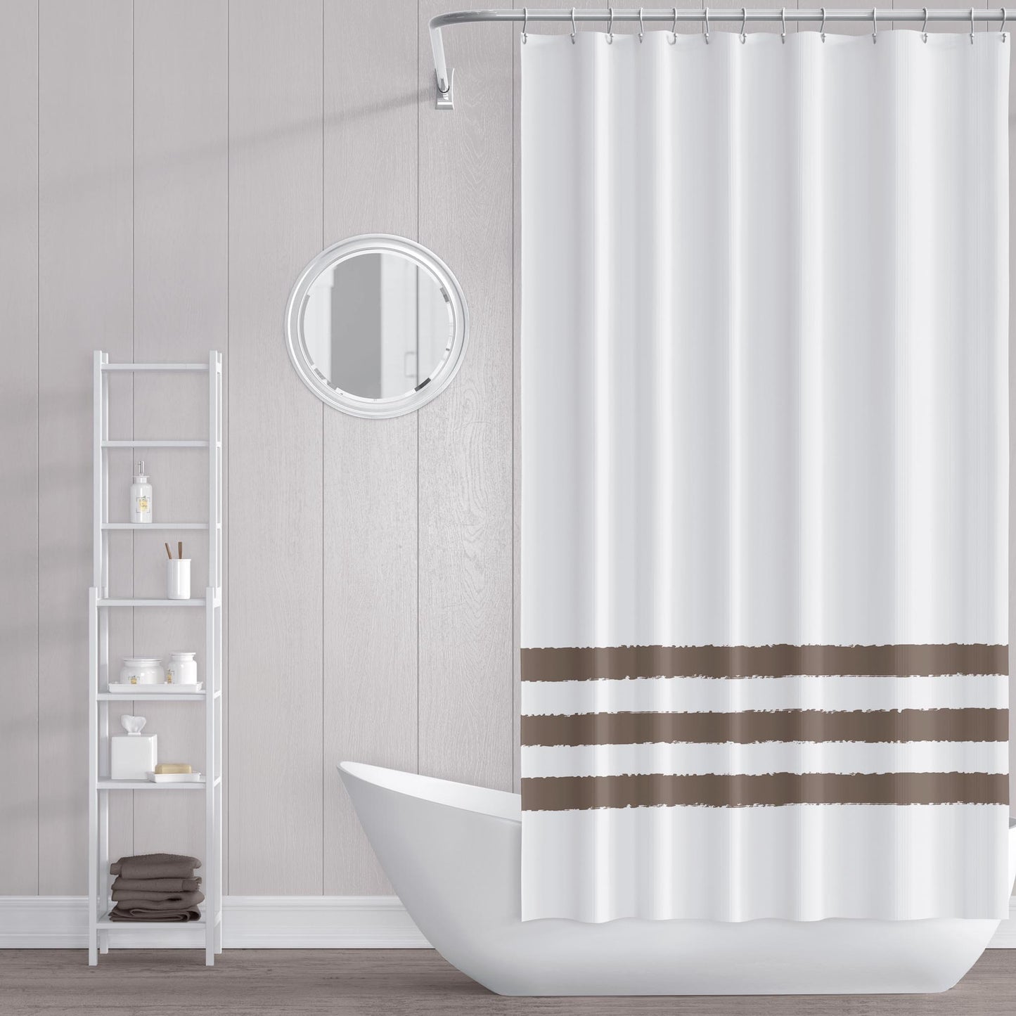 White Polyester Shower Curtain with Brown Hand-painted Brush Stroke Print #SC-1171-200