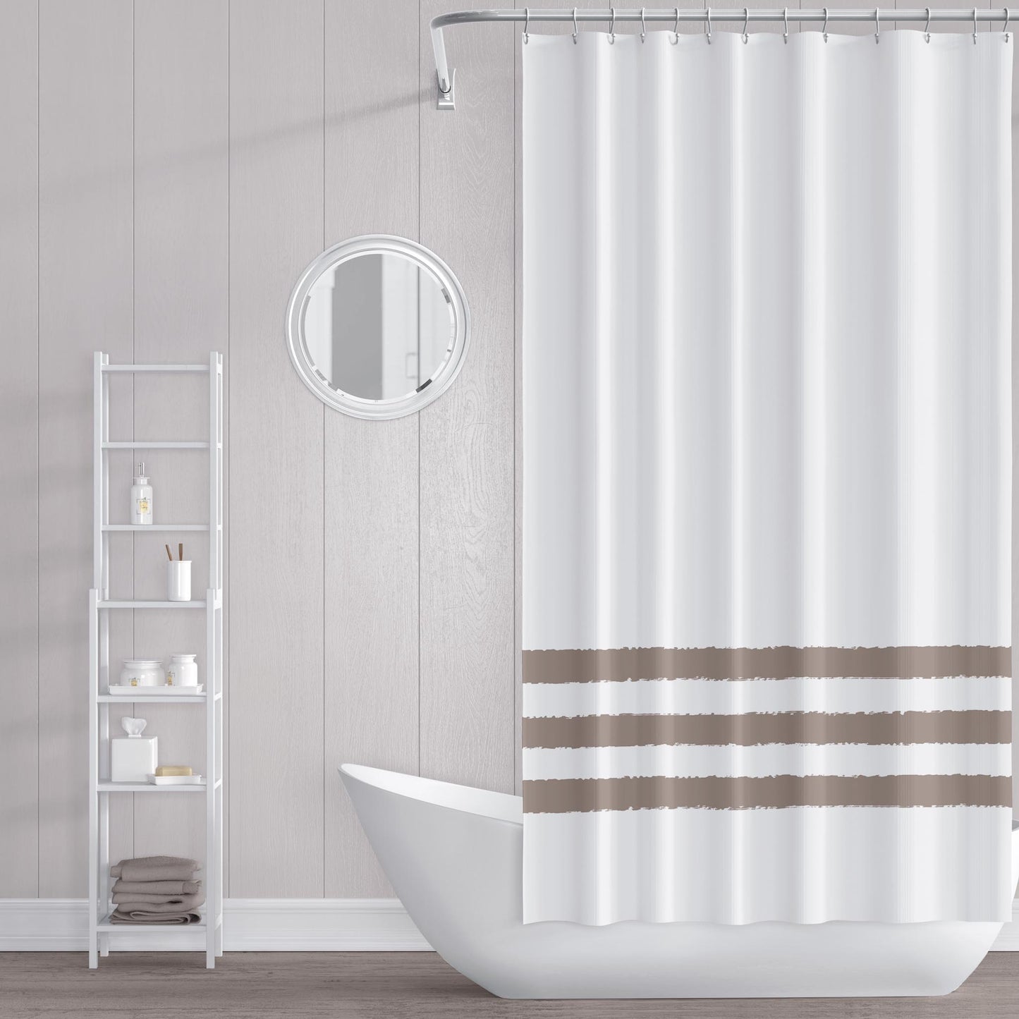 White Polyester Shower Curtain with Medium Brown Hand-painted Brush Stroke Print #SC-1171-267