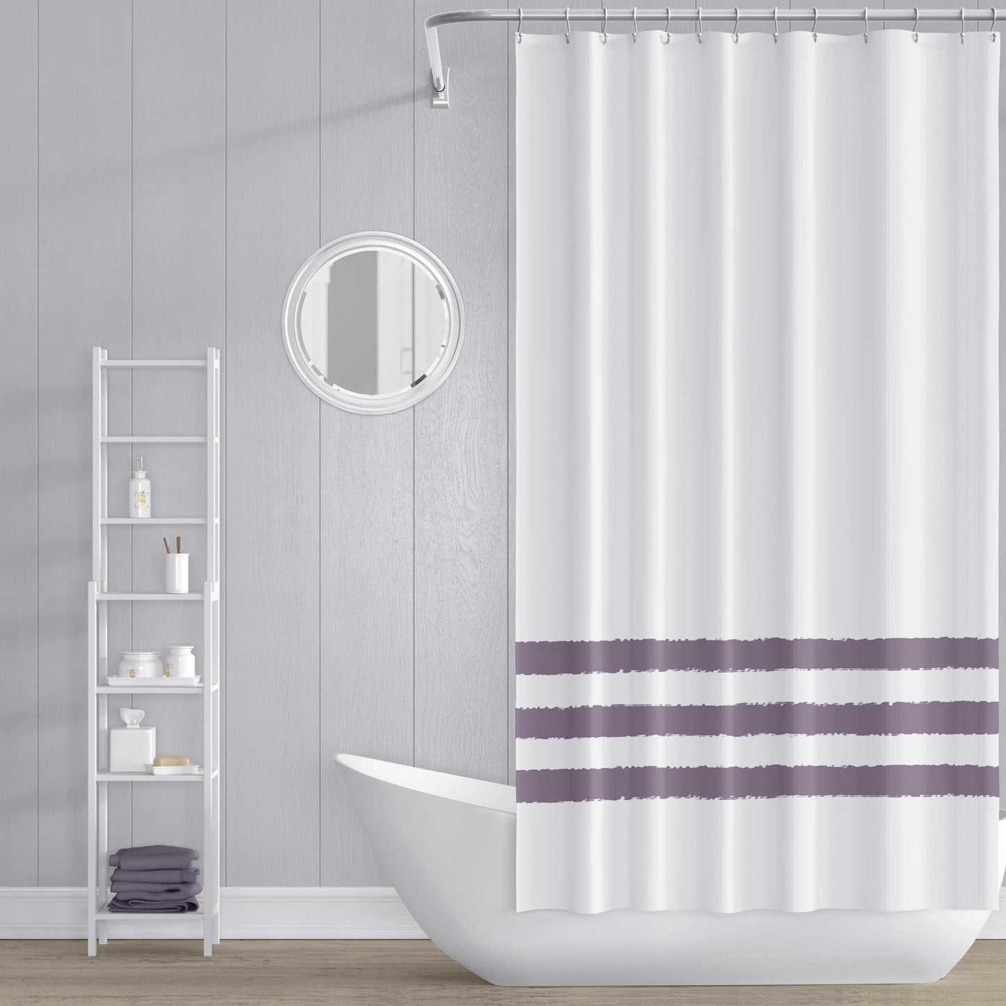 White Shower Curtain with Medium Purple Hand-painted Stripe Print | SC-1182-167