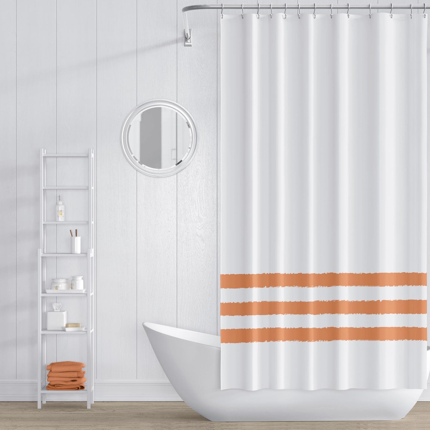 White Shower Curtain with Orange Hand-painted Stripe Print | SC-1181-200