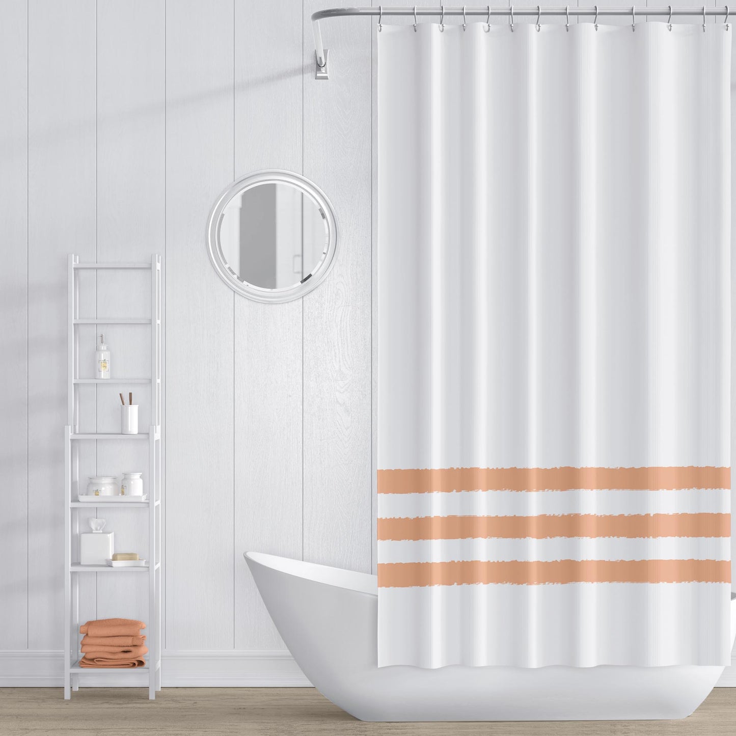 White Polyester Shower Curtain with Medium Orange Hand-painted Brush Stroke Print #SC-1181-267