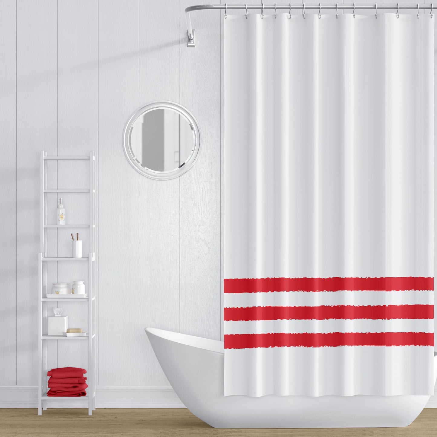 White Shower Curtain with Red Hand-painted Stripe Print | SC-1191-300