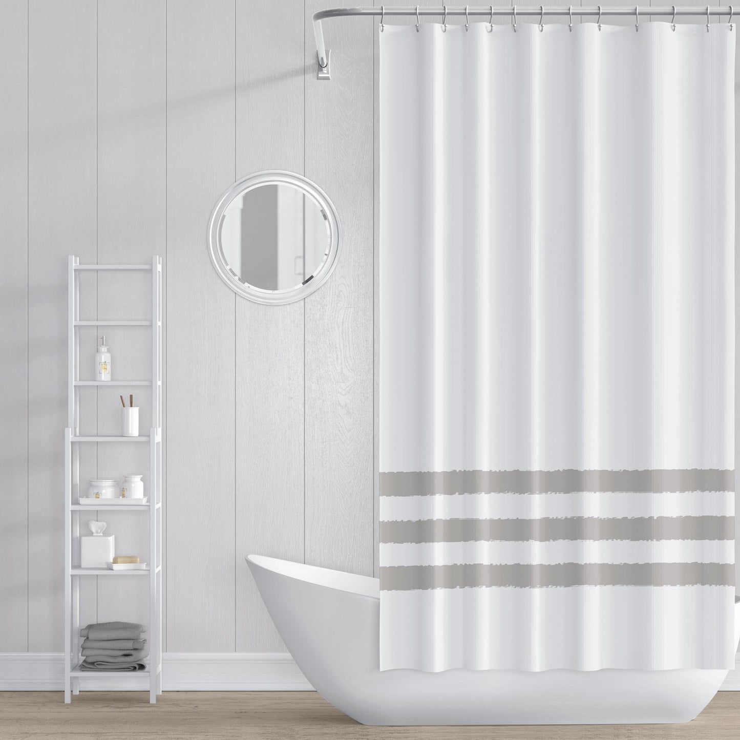 White Shower Curtain with Taupe Hand-painted Stripe Print | SC-1193-500