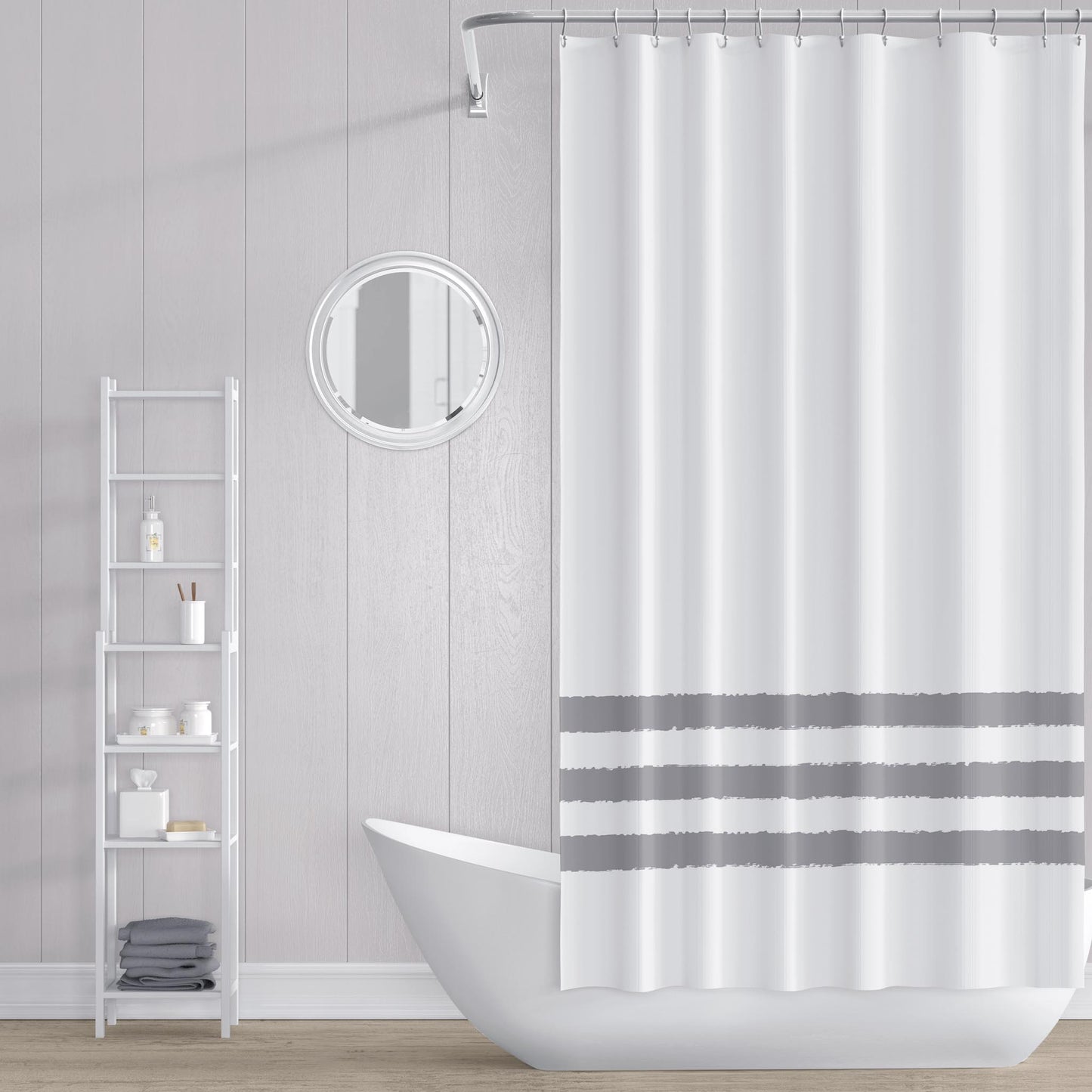 White Polyester Shower Curtain with Grey Hand-painted Brush Stroke Print #SC-1203-133