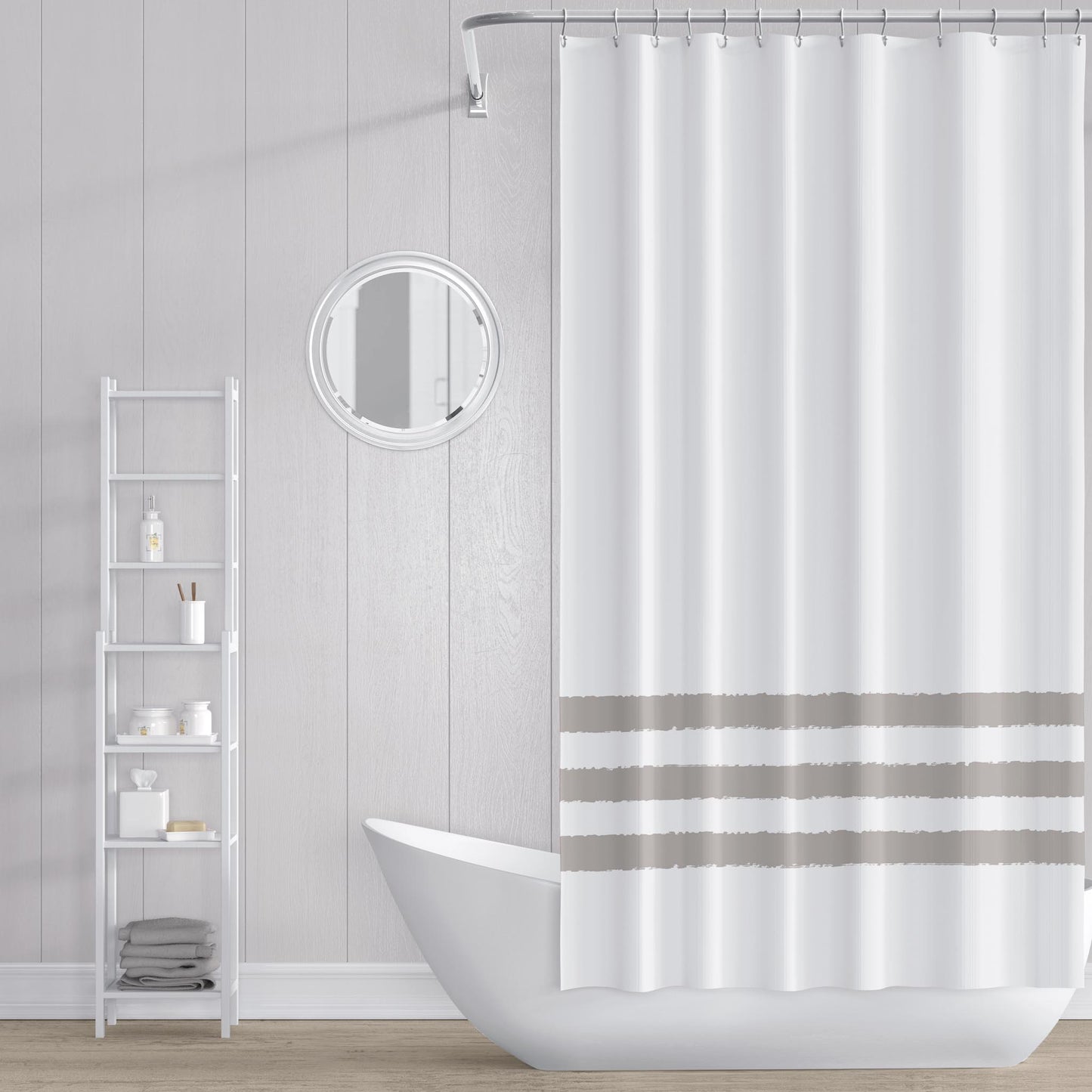 White Polyester Shower Curtain with Taupe Hand-painted Brush Stroke Print #SC-1203-200