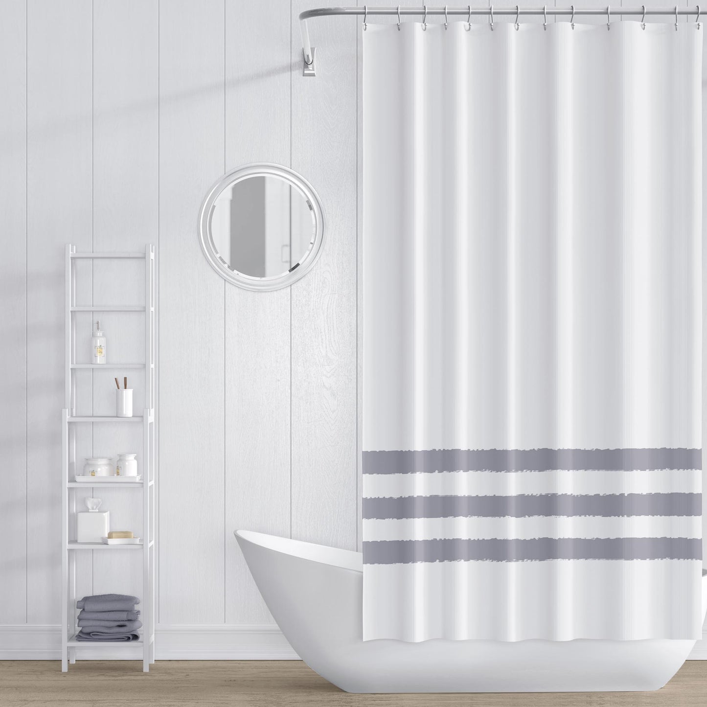 White Polyester Shower Curtain with Grey Hand-painted Brush Stroke Print #SC-1212-333