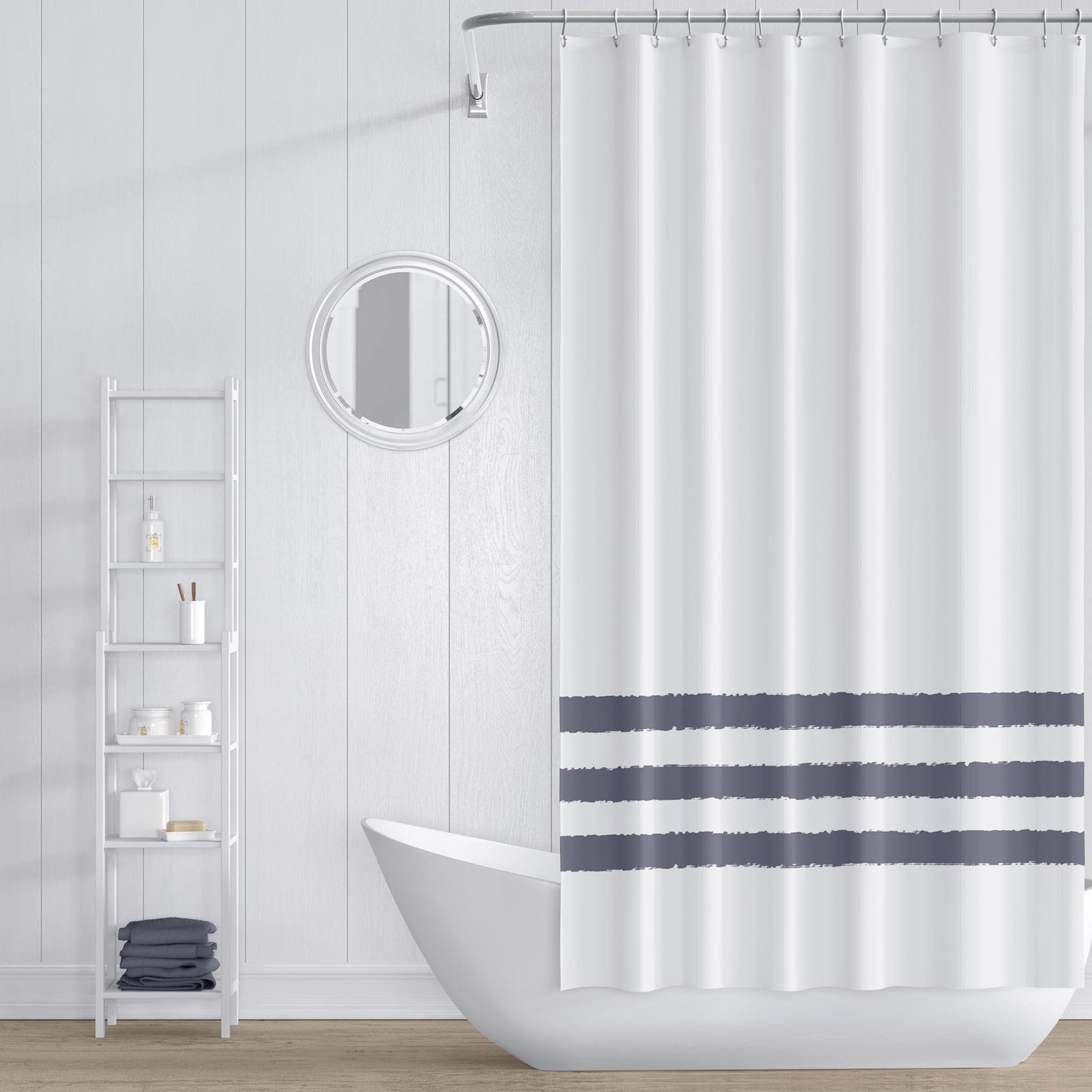White Polyester Shower Curtain with Dark Grey Hand-painted Brush Stroke Print #SC-1212-367
