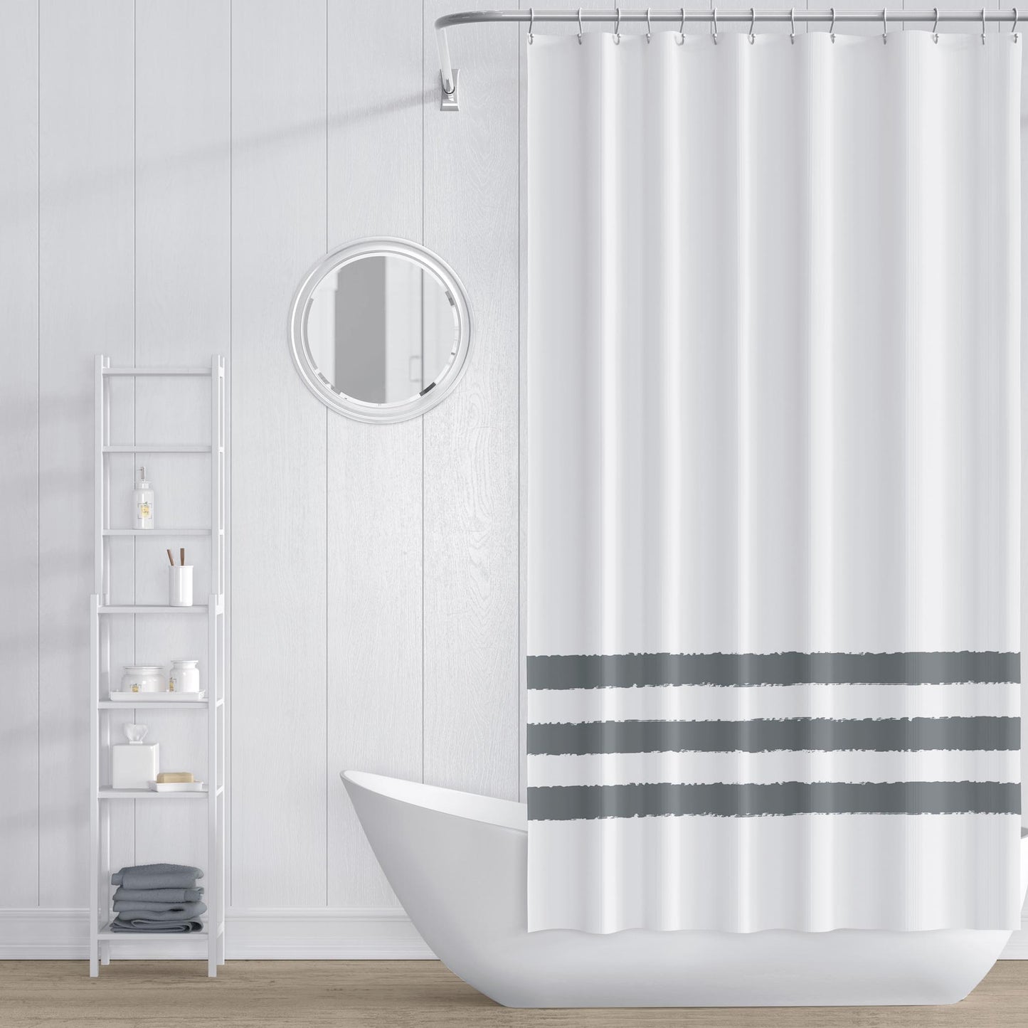 White Shower Curtain with Grey-green Hand-painted Stripe Print | SC-1213-467