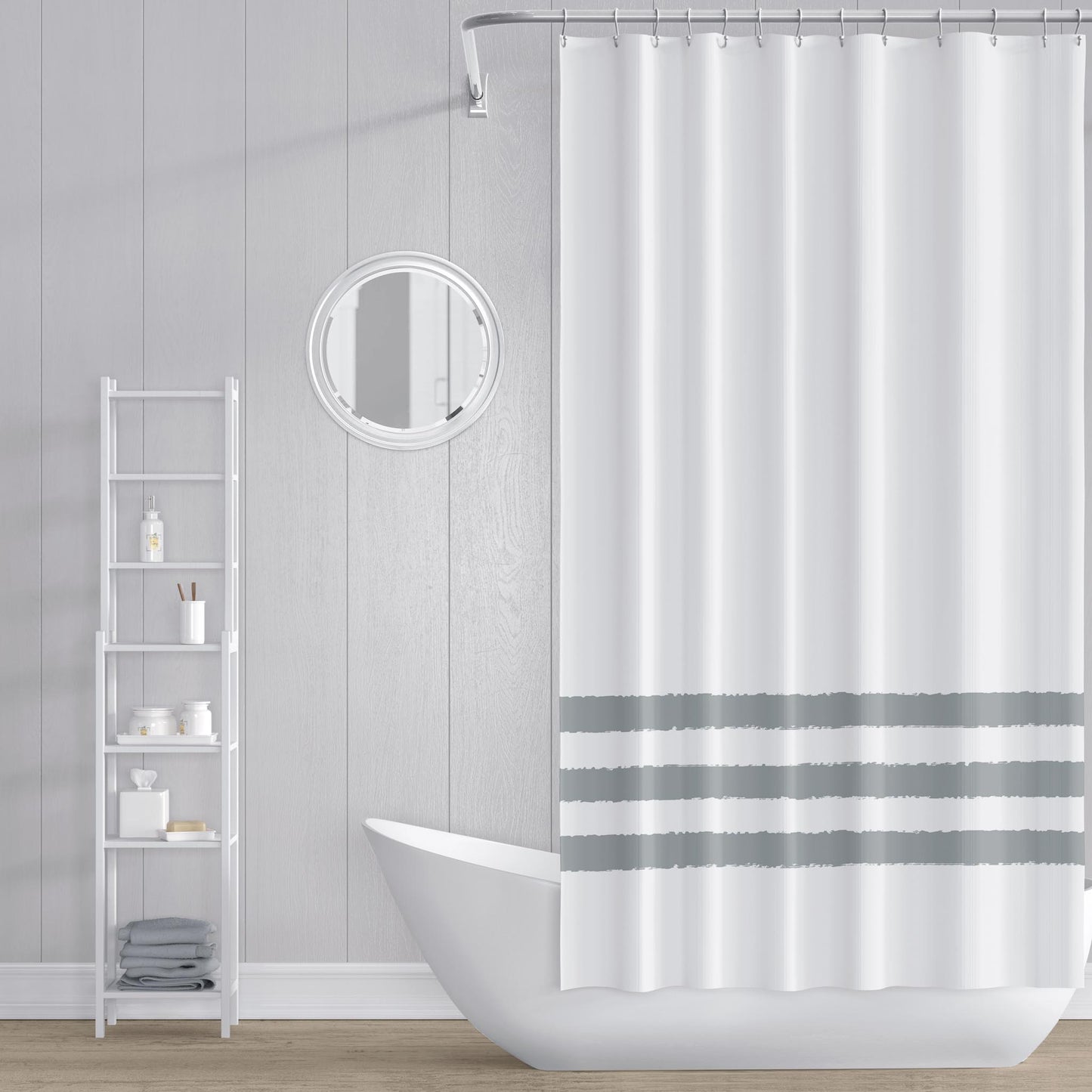White Shower Curtain with Medium Grey-green Hand-painted Stripe Print | SC-1213-500