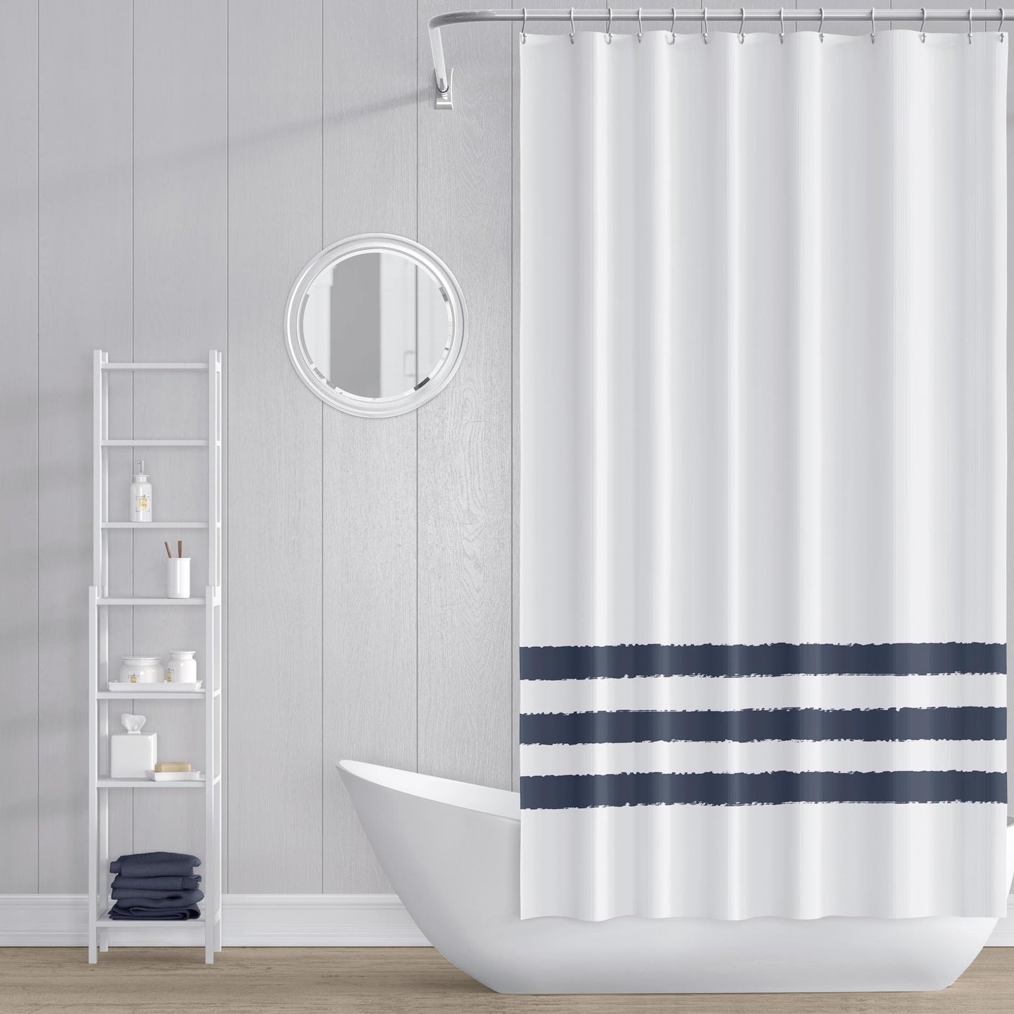 White Polyester Shower Curtain with Dark Blue-grey Hand-painted Brush Stroke Print #SC-1221-100