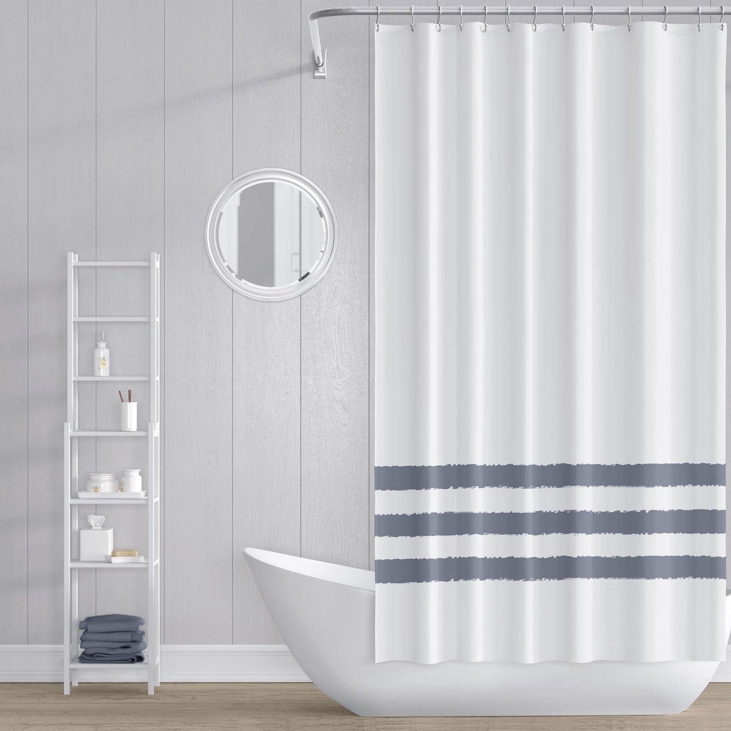 White Polyester Shower Curtain with Grey Hand-painted Brush Stroke Print #SC-1221-200