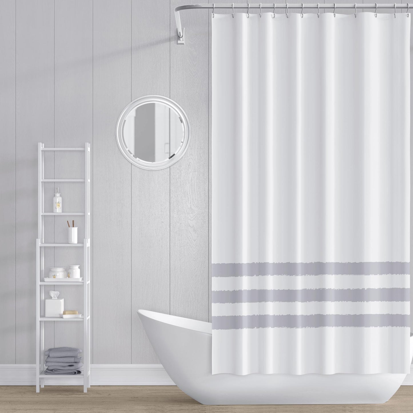 White Polyester Shower Curtain with Light Grey Hand-painted Brush Stroke Print #SC-1221-233