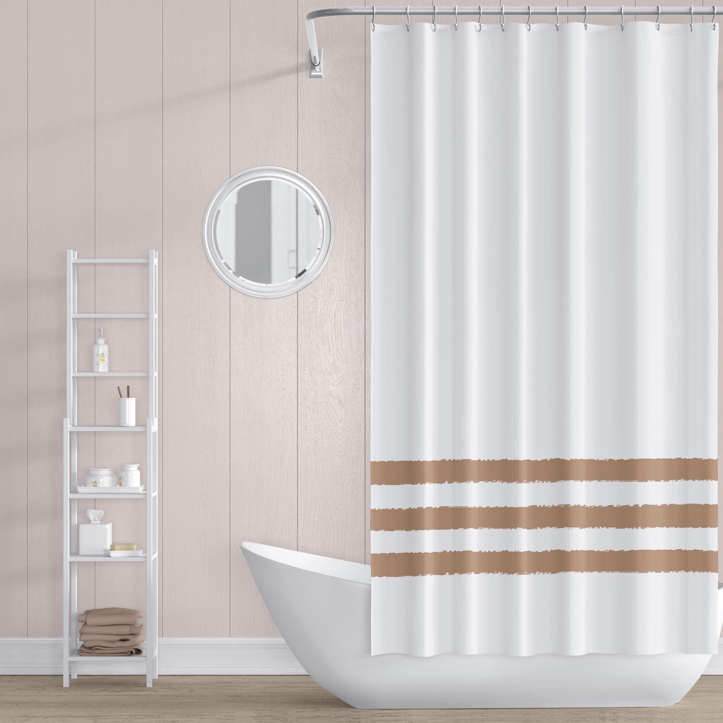 White Polyester Shower Curtain with Caramel Hand-painted Brush Stroke Print #SC-1222-300