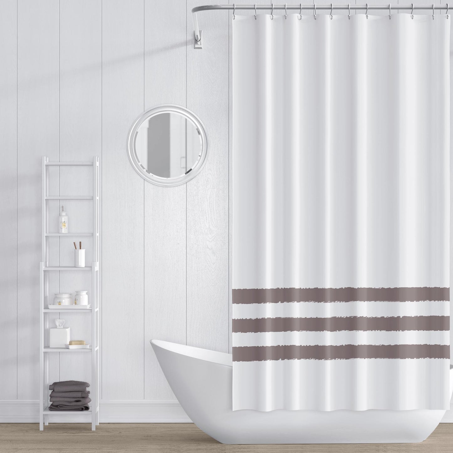 White Shower Curtain with Medium Brown Hand-painted Stripe Print | SC-1222-467