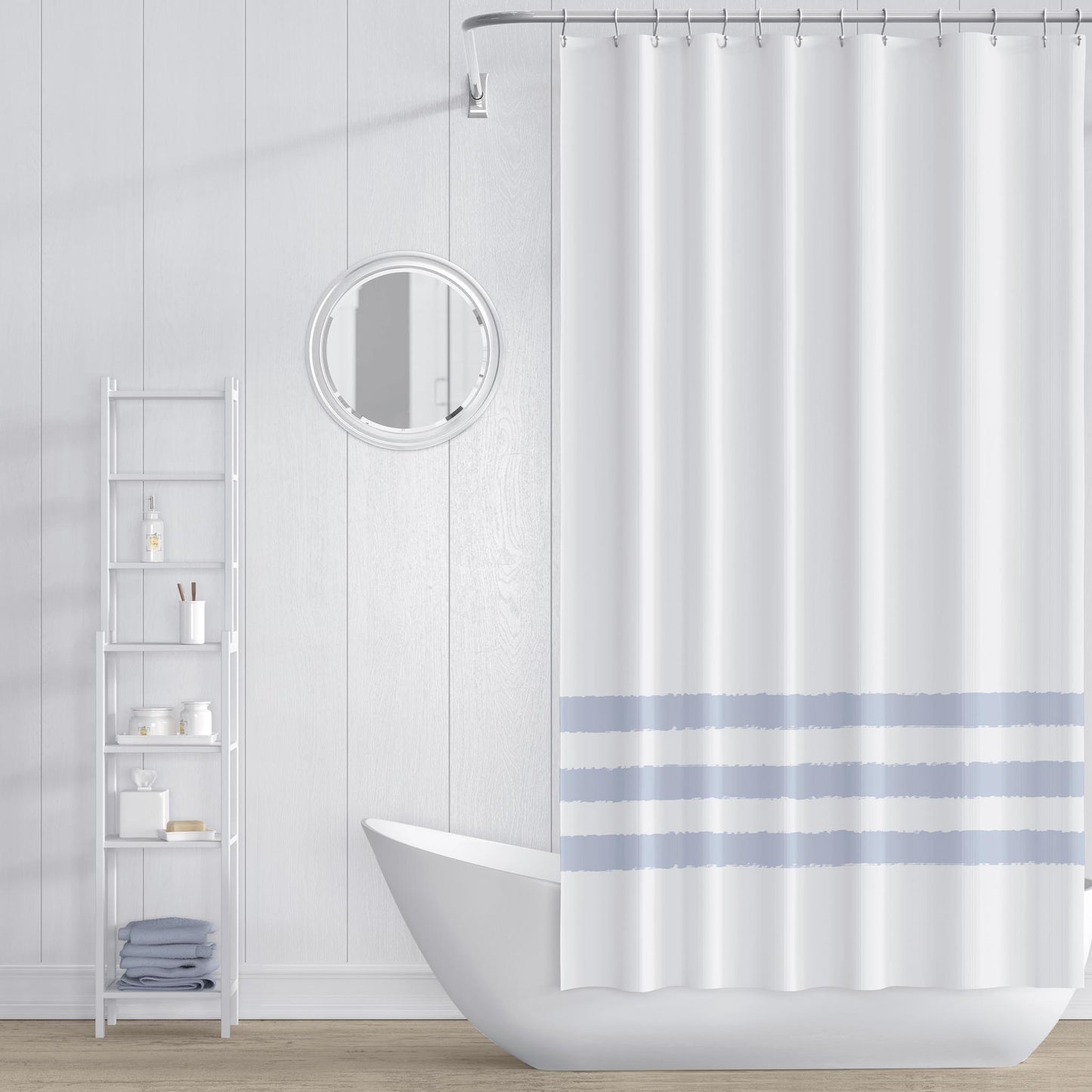 White Shower Curtain with Light Grey Hand-painted Stripe Print | SC-1231-400