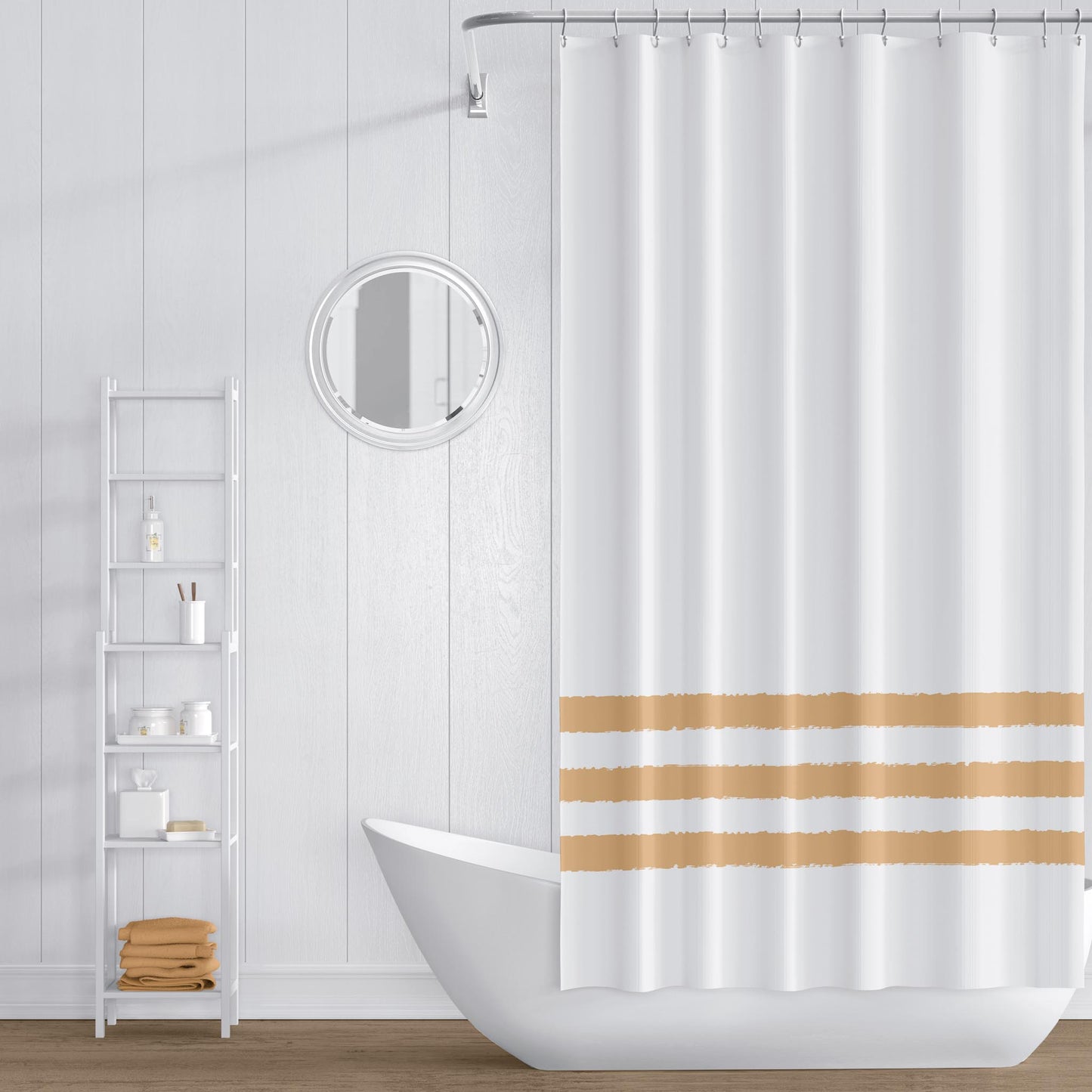 White Polyester Shower Curtain with Orange Hand-painted Brush Stroke Print #SC-1232-300