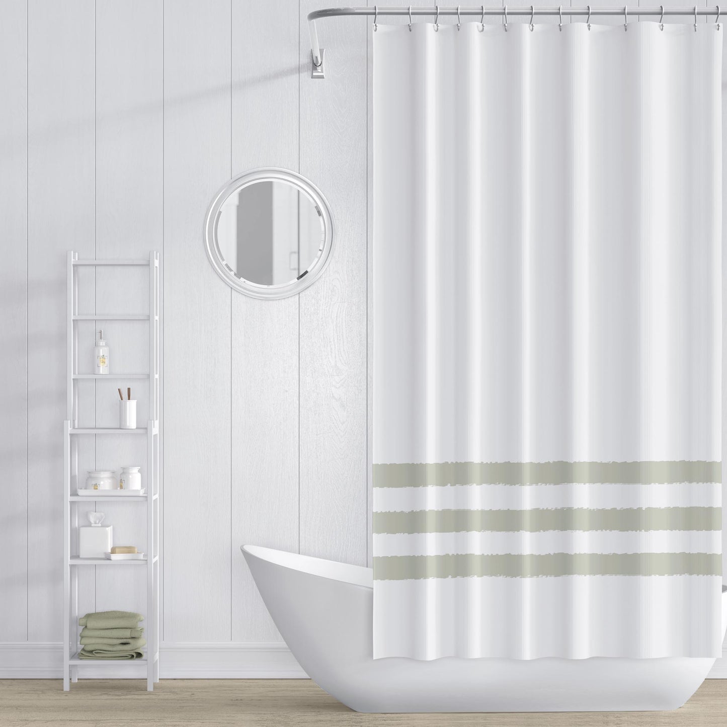 White Shower Curtain with Pale Green Hand-painted Stripe Print | SC-1241-400