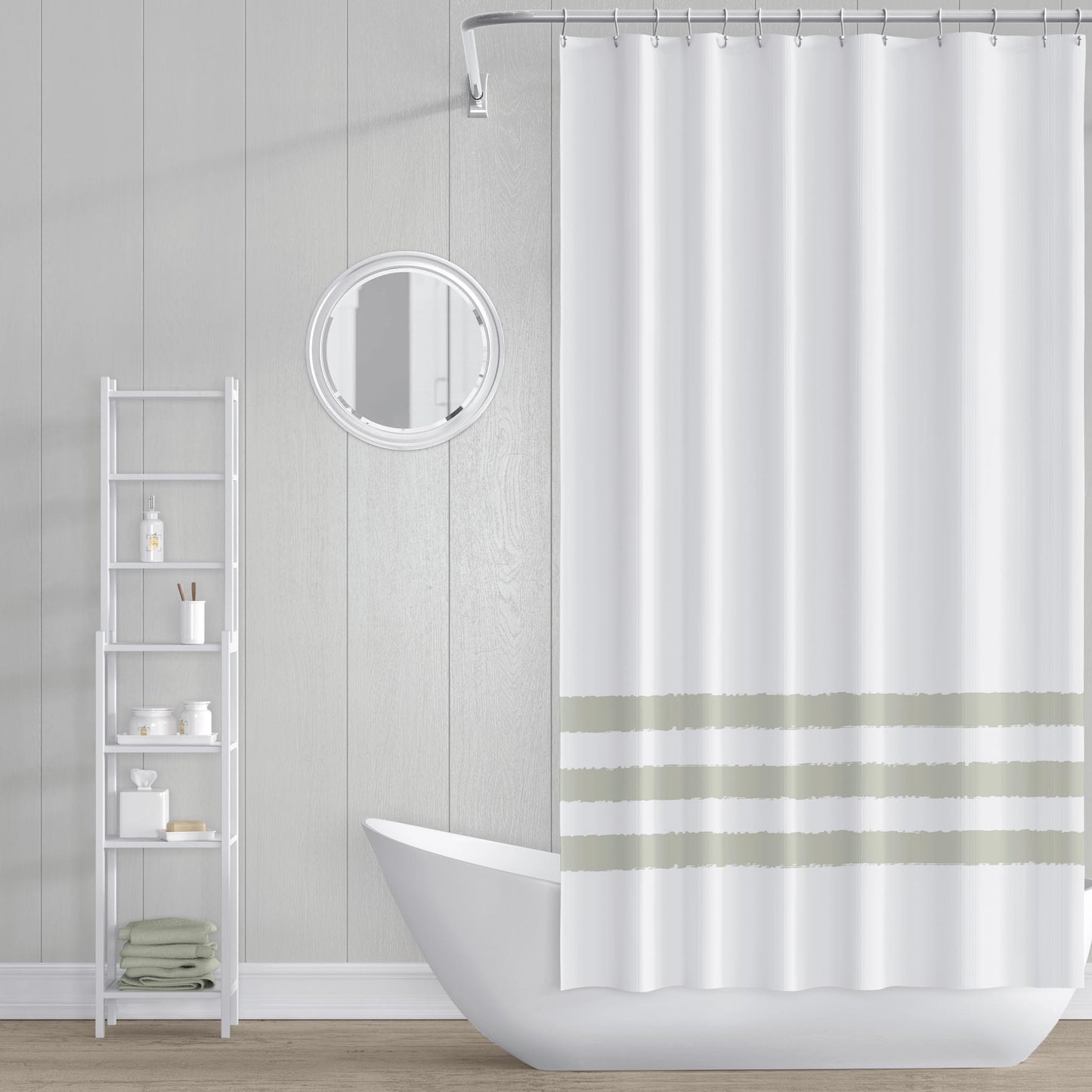 White Polyester Shower Curtain with Pale Green Hand-painted Brush Stroke Print #SC-1242-400