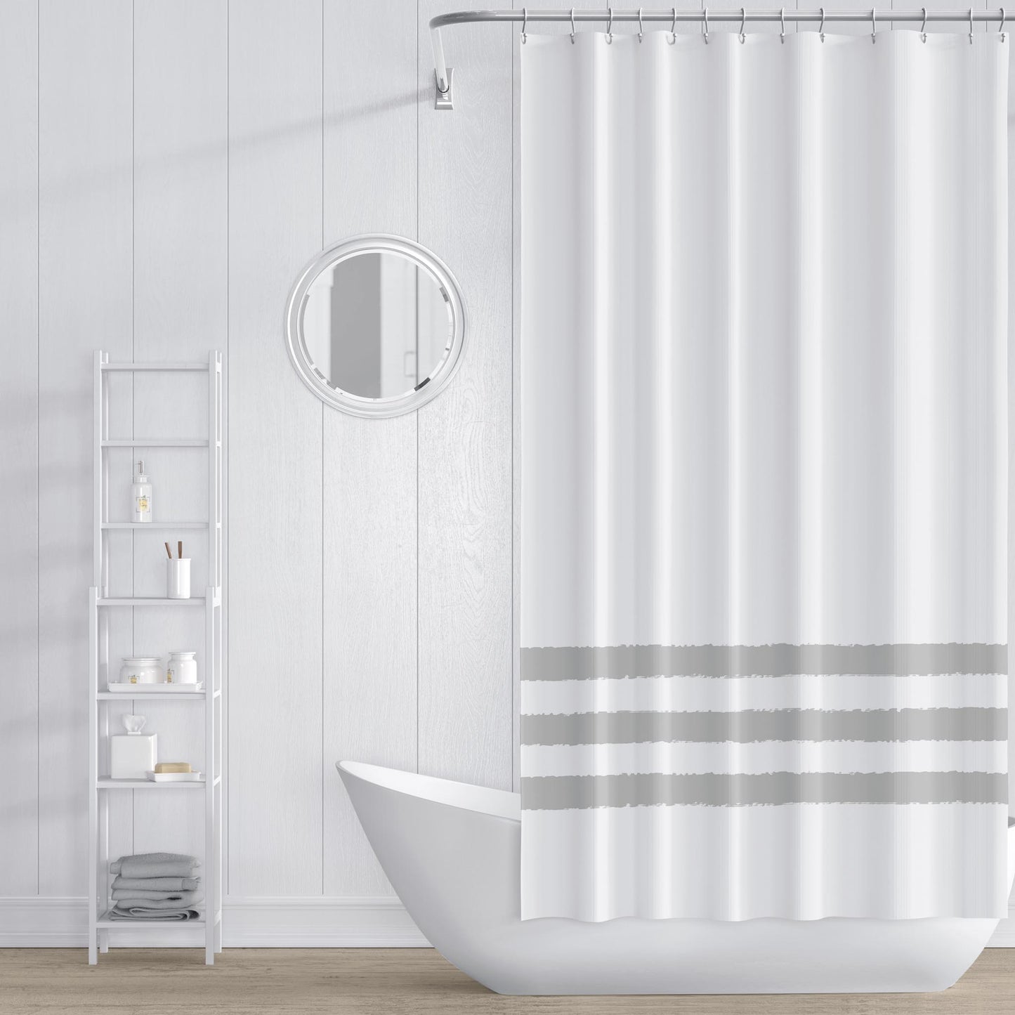 White Shower Curtain with Grey-green Hand-painted Stripe Print | SC-1243-300