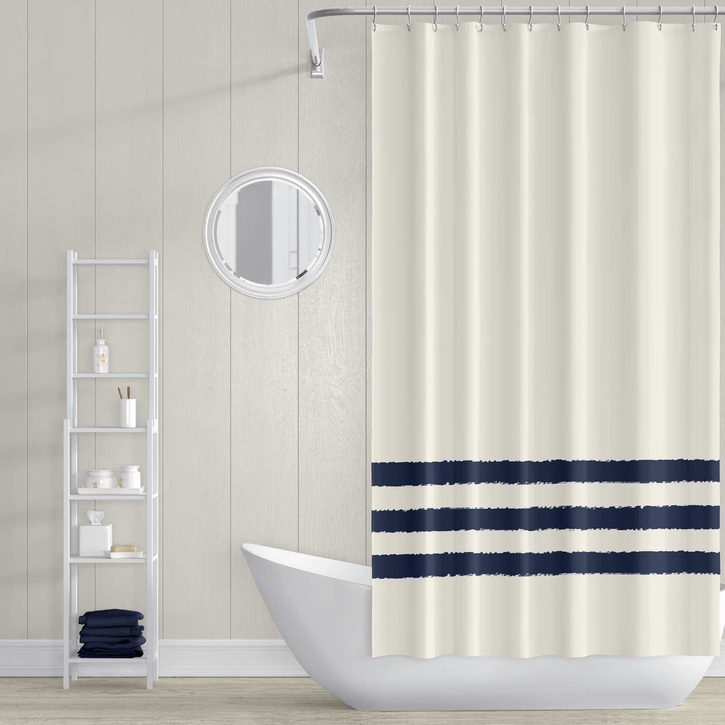 Pale Cream Shower Curtain with Navy Blue Hand-painted Stripe Print | SC-1273-300