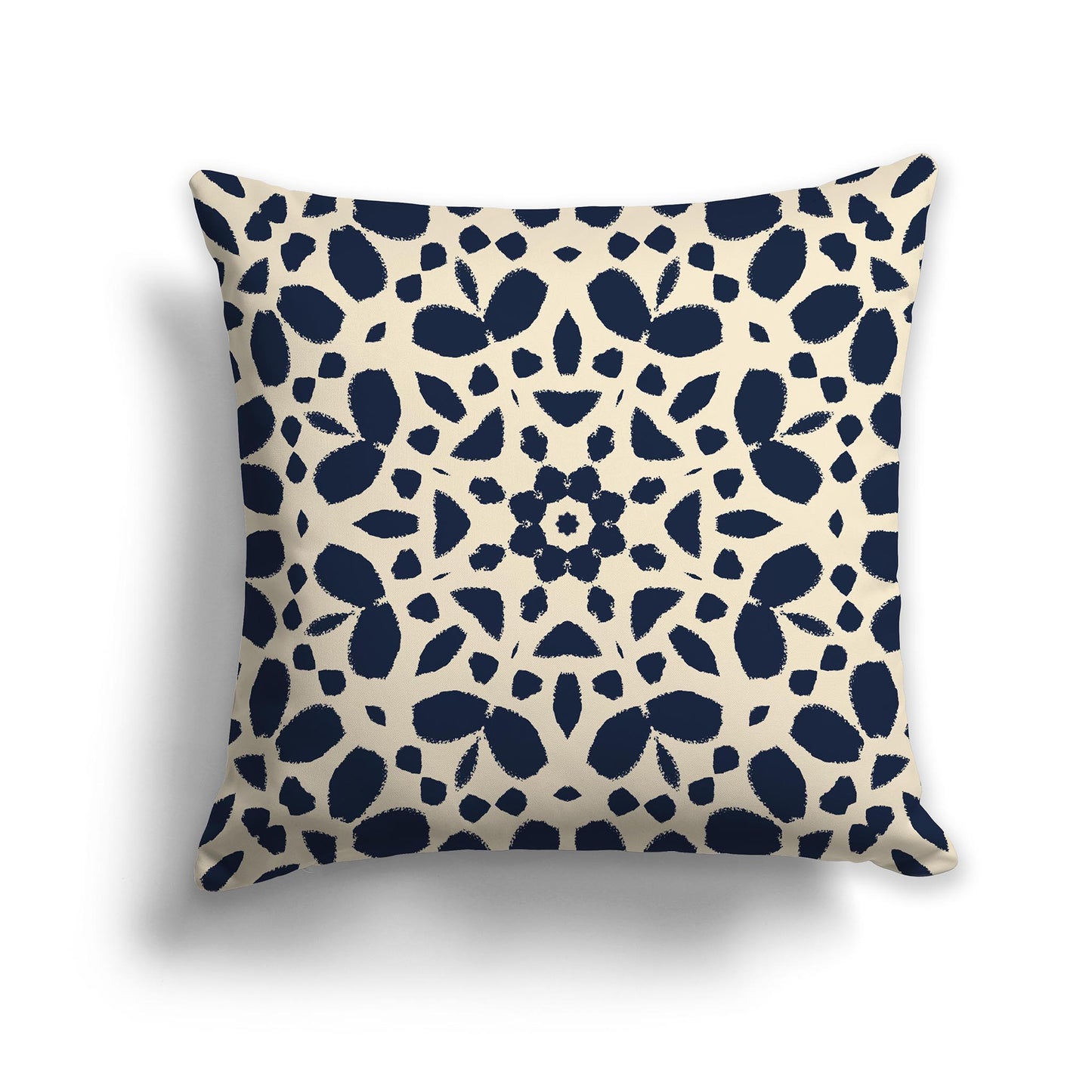 Square Throw Pillow with Large Navy Blue and Beige Circular Graphic