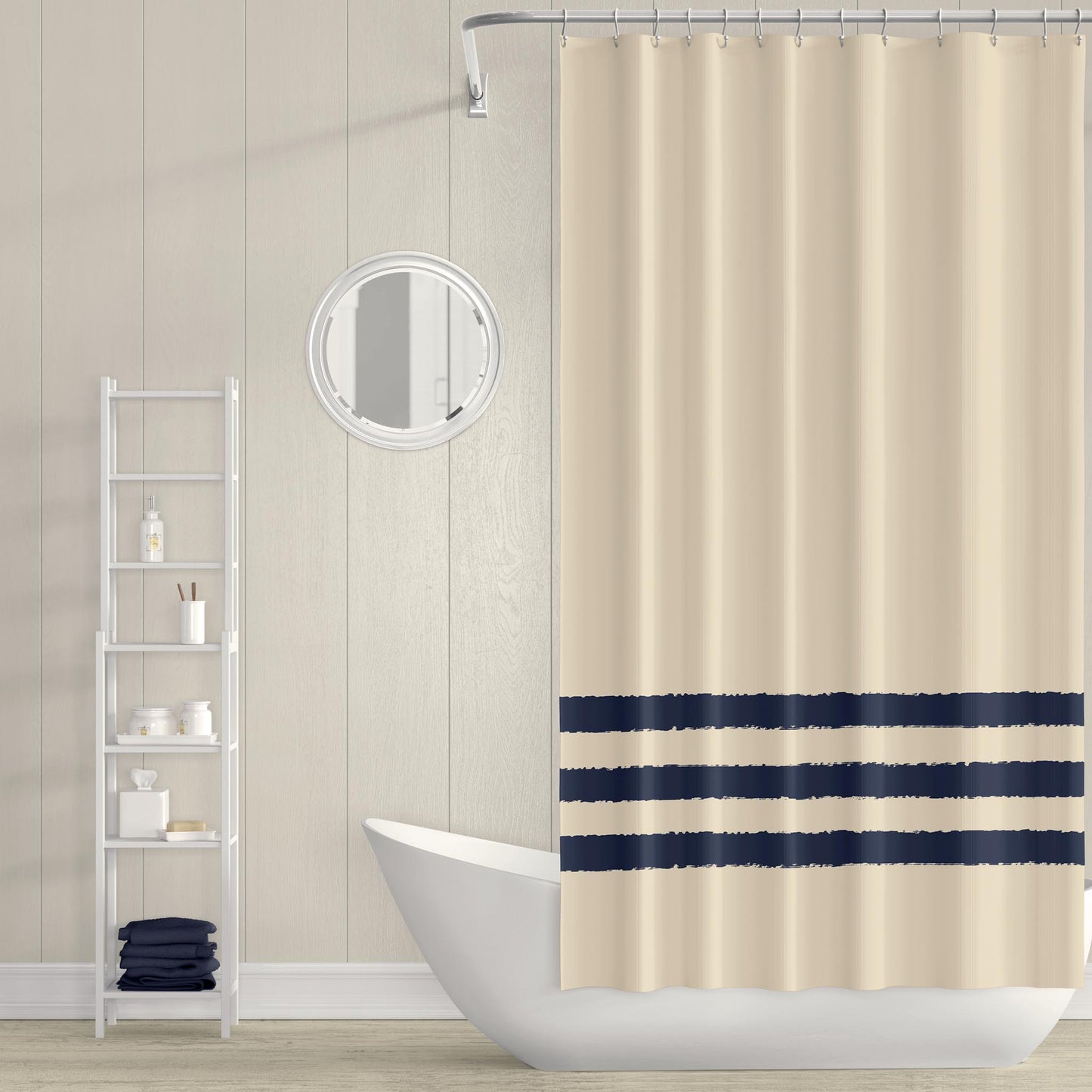 Tan Shower Curtain with Navy Blue Hand-painted Stripe Print | SC-1274-400