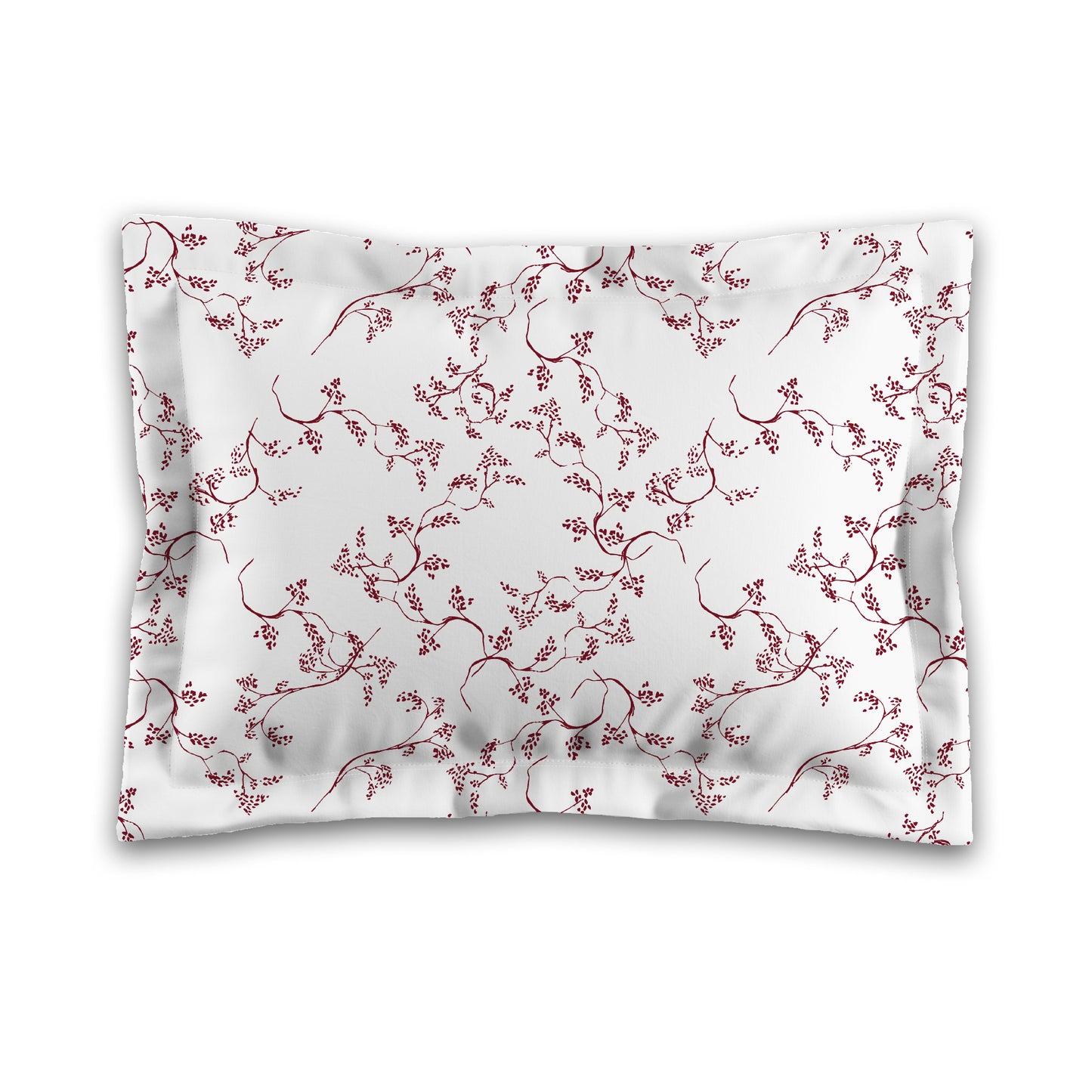 White Microfiber Pillow Sham with Flange, Burgundy Red Hand-painted Vine Print, White Reverse Side | MFSF-1281-181