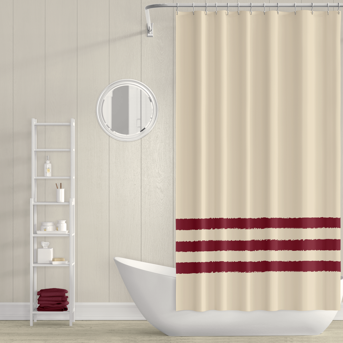 Beige Shower Curtain with Burgundy Red Hand-painted Stripe Print | SC-1285-500