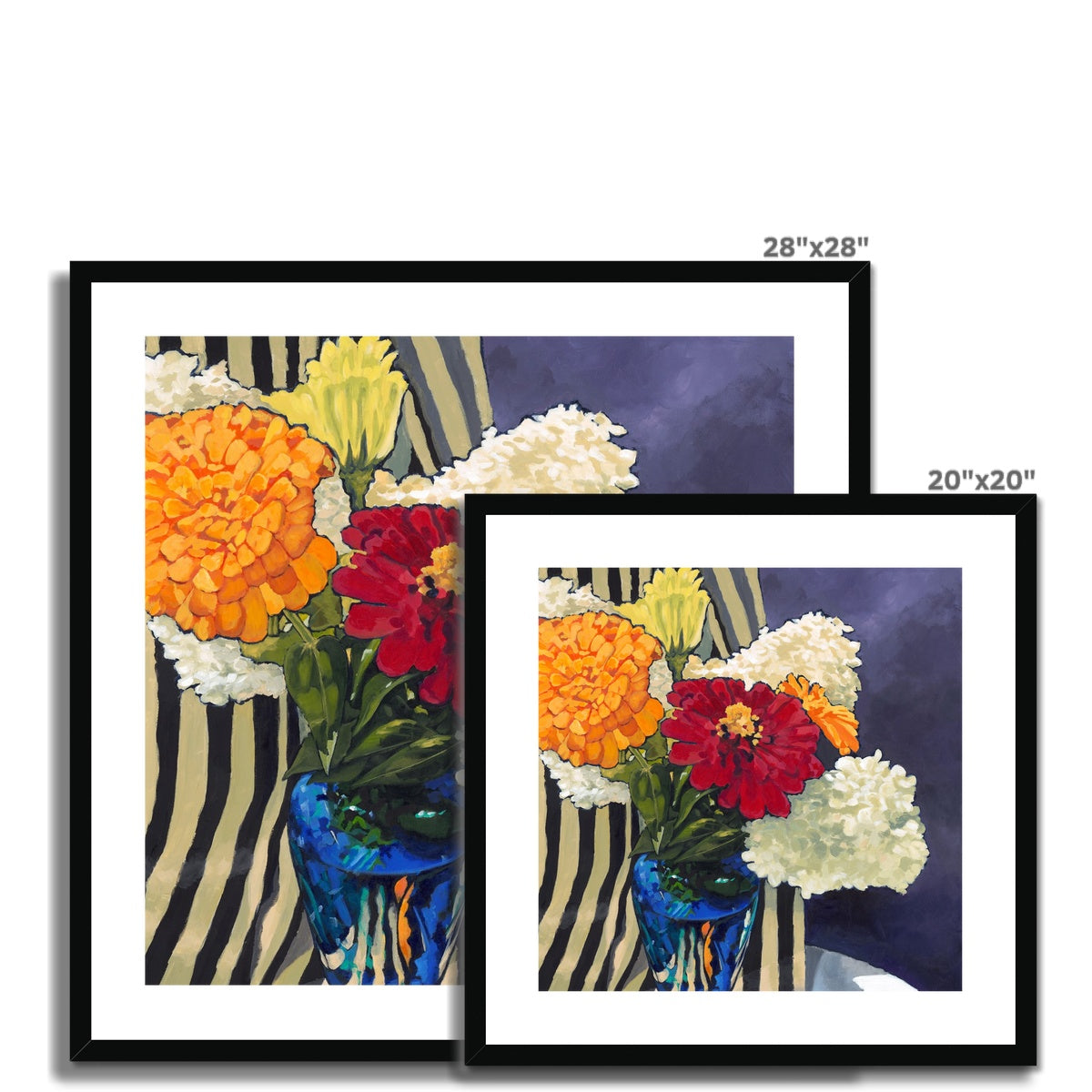 Framed Fine Art Print, White Mat - 8x8 12x12 16x16 20x20 24x24 28x28 36x36 inches | Hydrangeas & Zinnias in Acrylic, FPS-1030