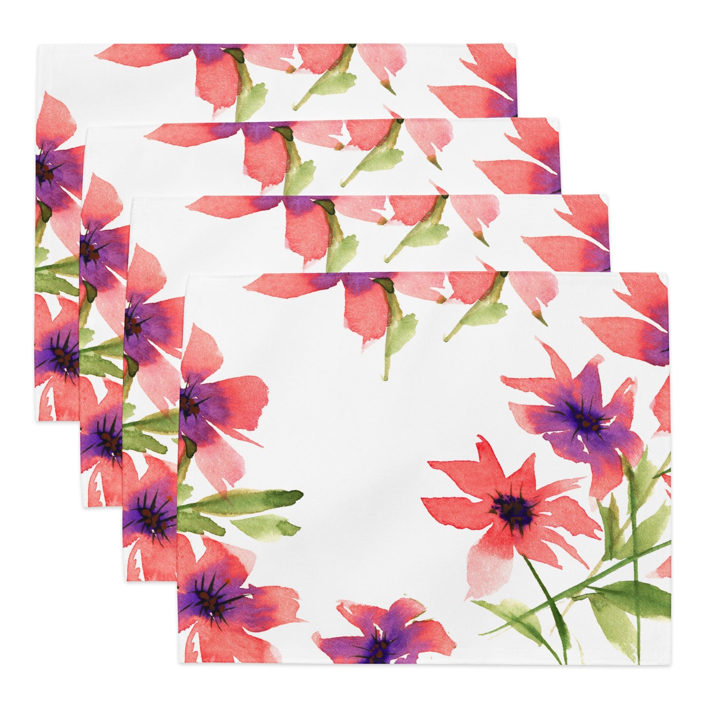 Coral Bloom — Fine Art Polyester Placemats with Pink Floral Watercolor Print — 4-Pc Set #PSFL-1344