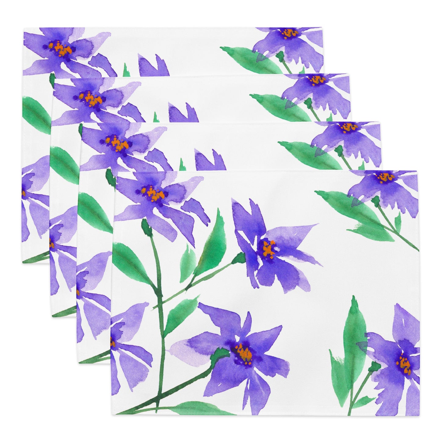 Purple Bloom — Fine Art Polyester Placemats with Purple Floral Watercolor Print — 4-Pc Set #PSFL-1354
