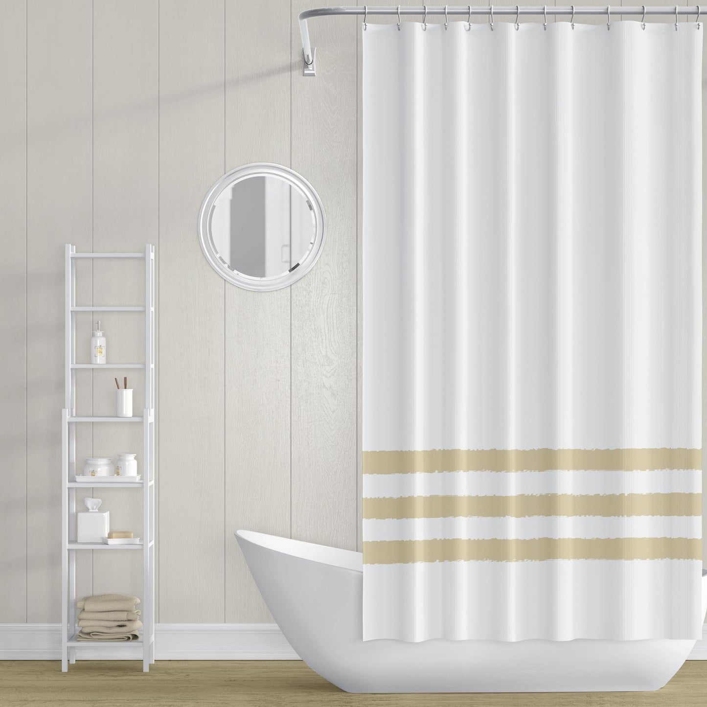 White Polyester Shower Curtain with Tan Hand-painted Brush Stroke Print #SC-1371-400
