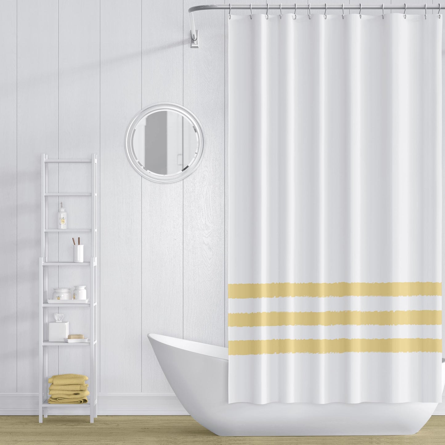 White Polyester Shower Curtain with Light Yellow-gold Hand-painted Brush Stroke Print #SC-1381-175