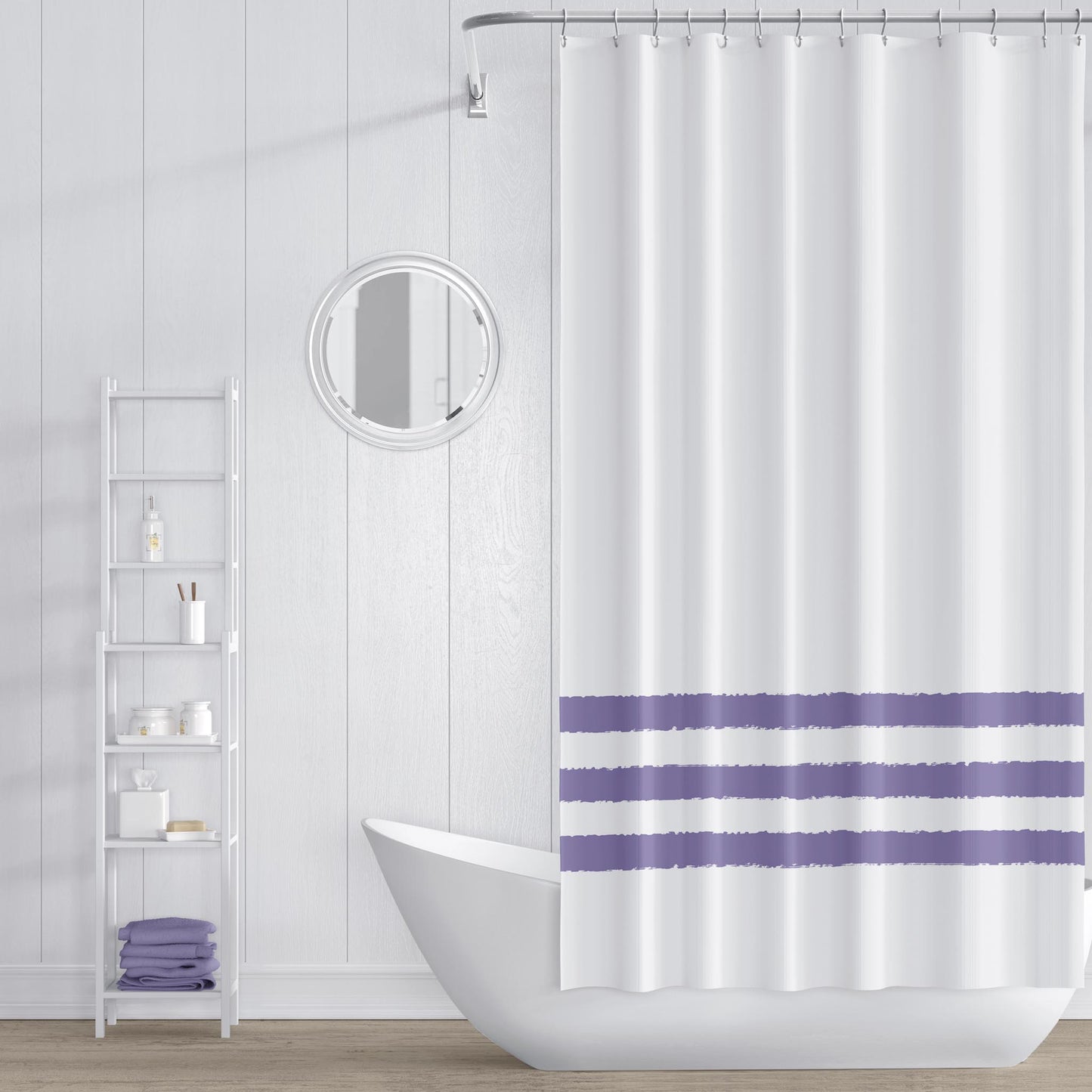 White Polyester Shower Curtain with Medium Purple Hand-painted Brush Stroke Print #SC-1382-450
