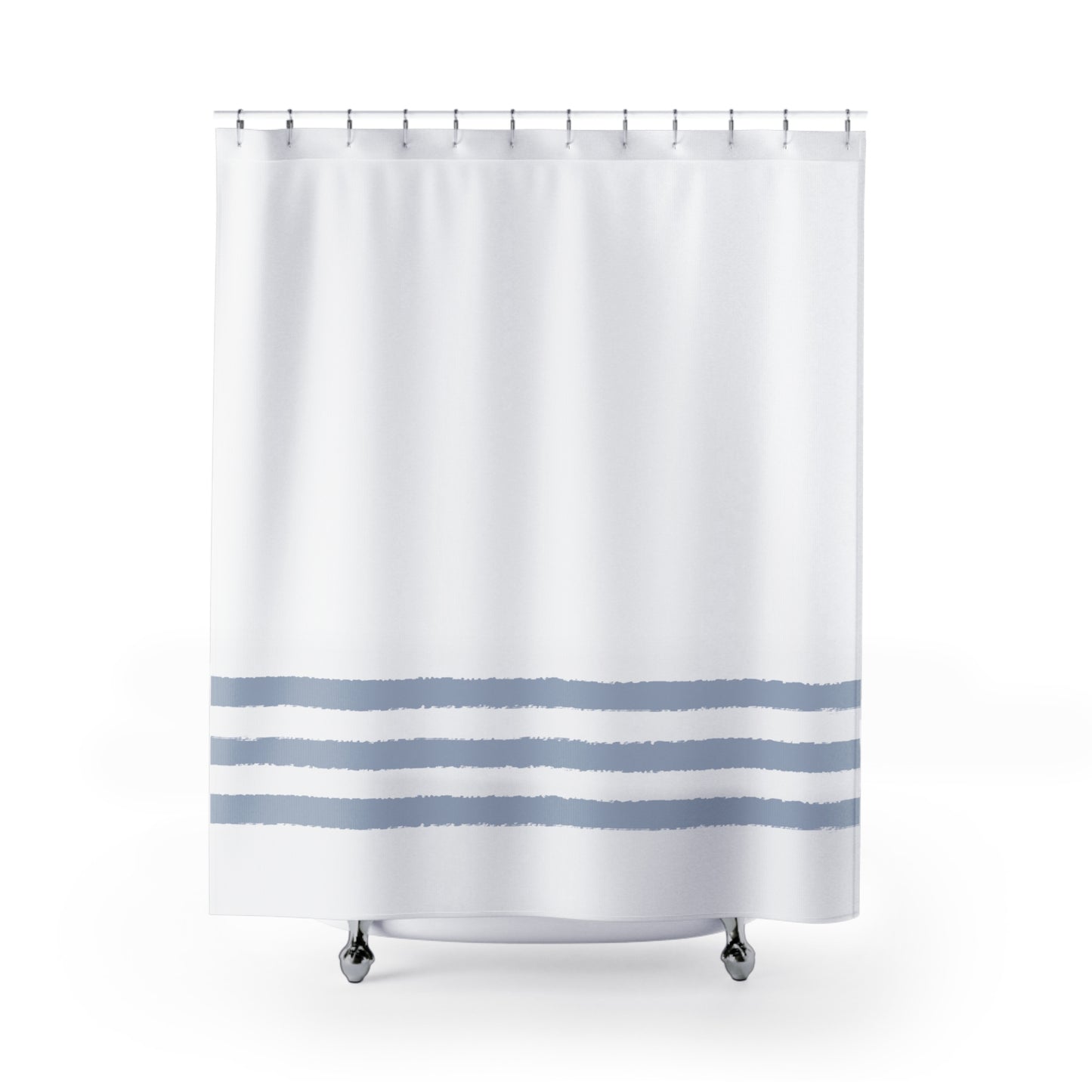 White Shower Curtain with Blue-Grey Hand-painted Stripe Print | SC-1022