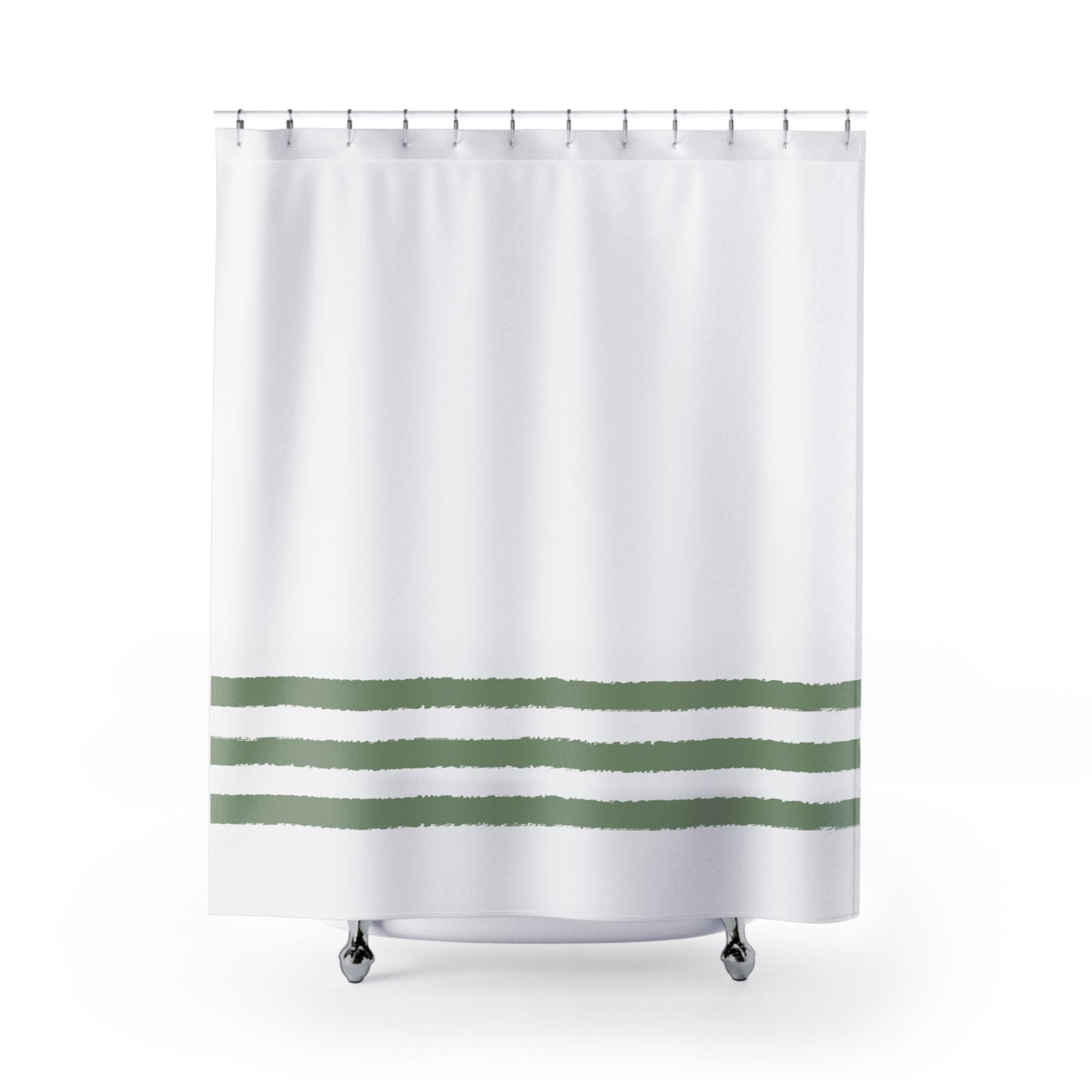 White Shower Curtain with Green Hand-painted Stripe Print | SC-1052-200
