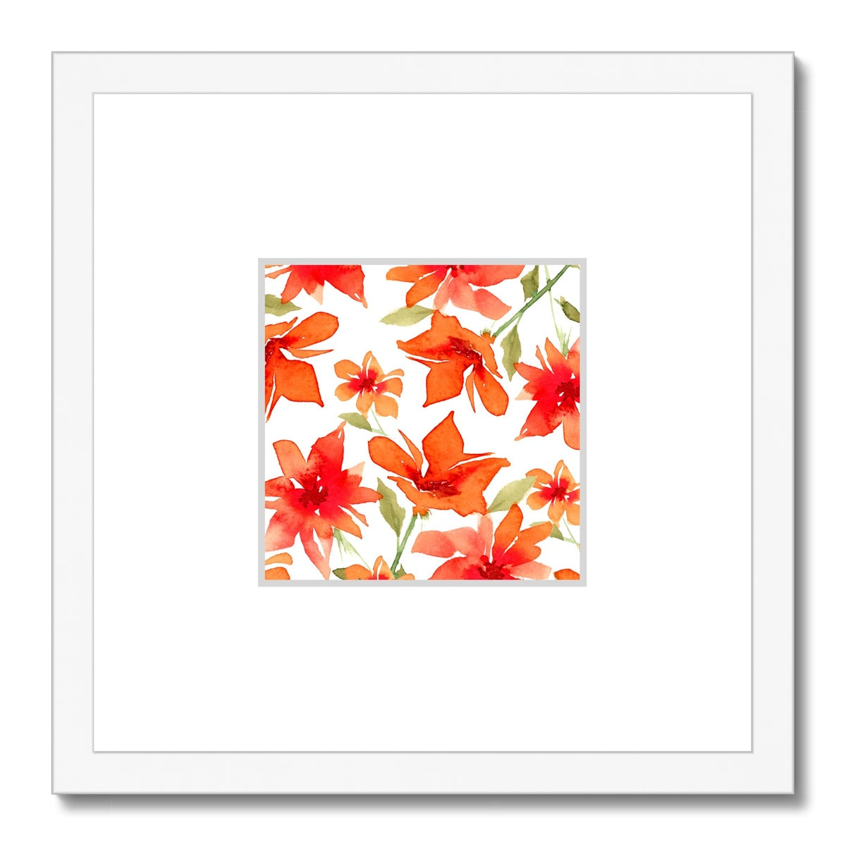 Framed Fine Art Print, Faux Mat - 12x12 inches | Red Floral Watercolor, fms-1410-002