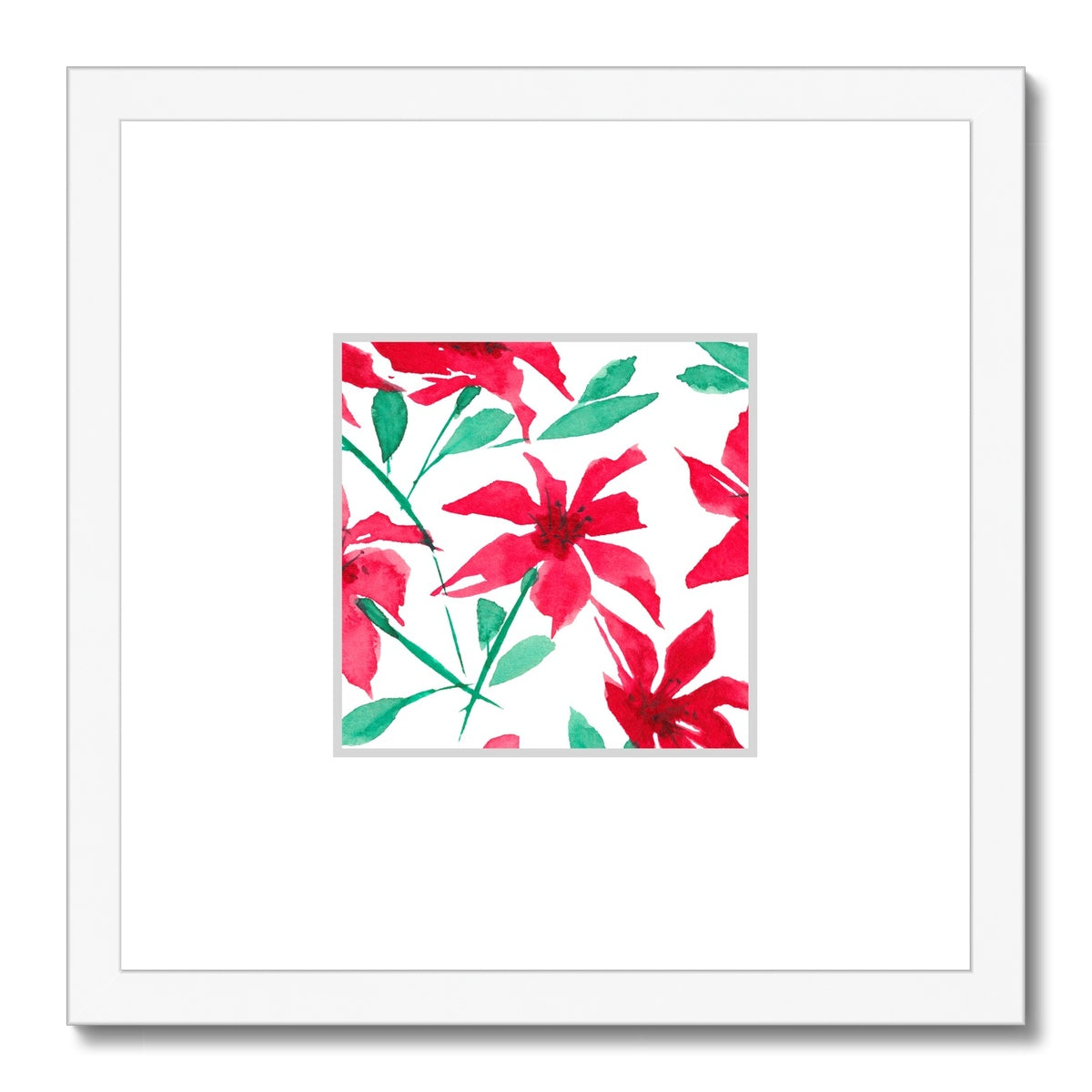 Framed Fine Art Print, Faux Mat - 12x12 inches | Red Floral Watercolor, fms-1330-002