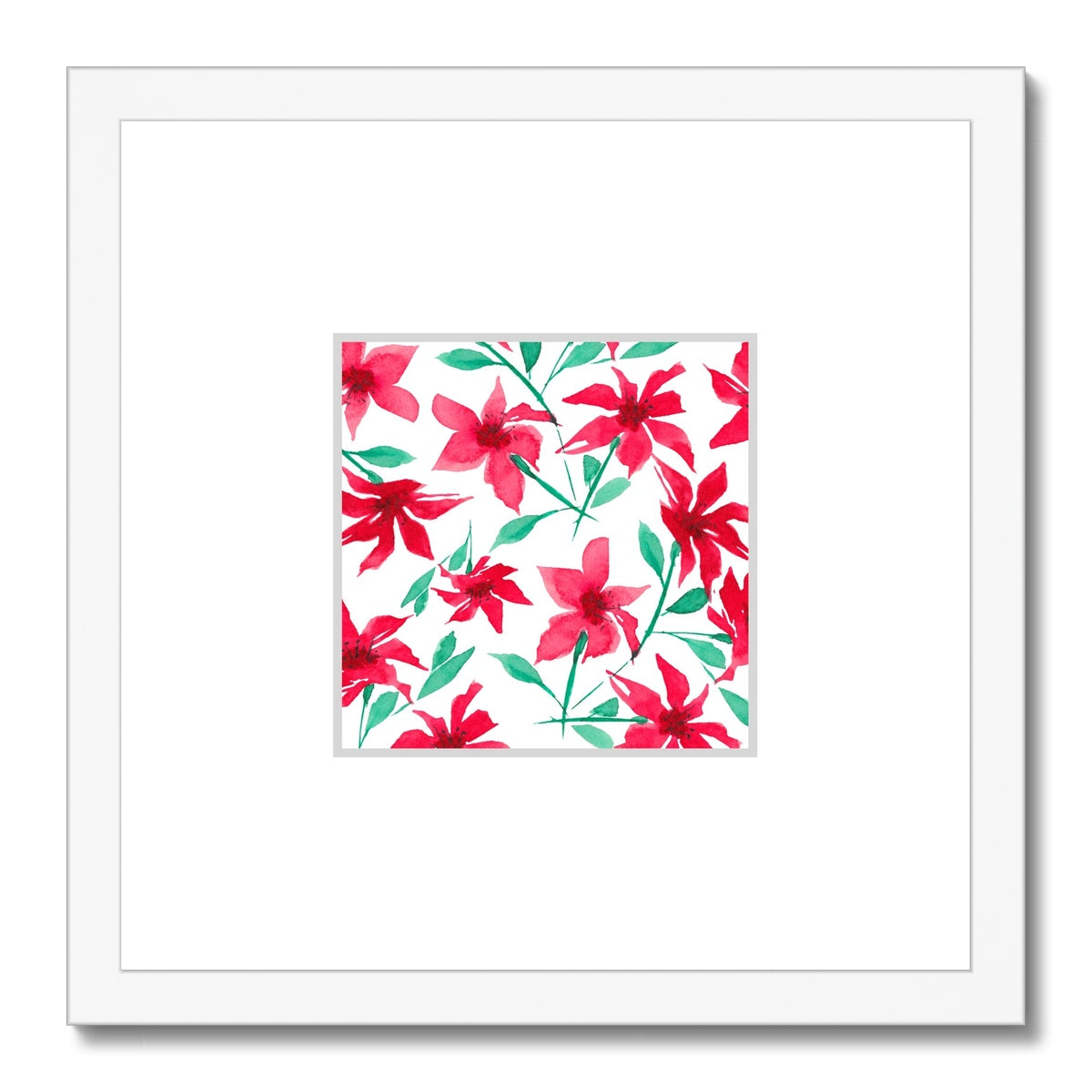 Framed Fine Art Print, Faux Mat - 12x12 inches | Red Floral Watercolor, fms-1330-004