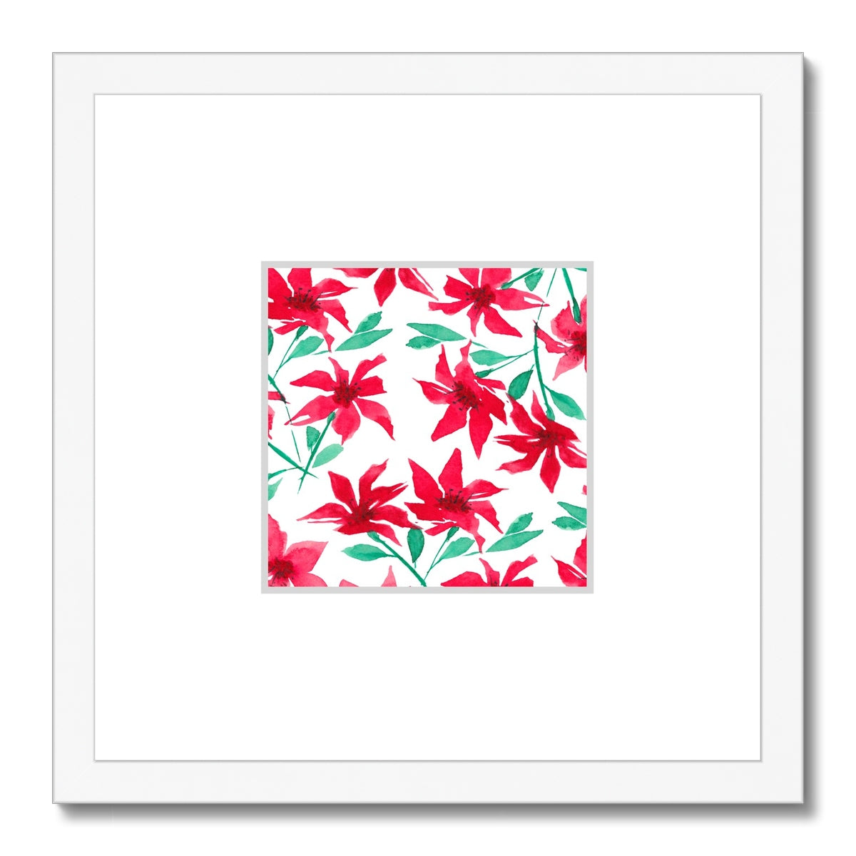 Framed Fine Art Print, Faux Mat - 12x12 inches | Red Floral Watercolor, fms-1330-003