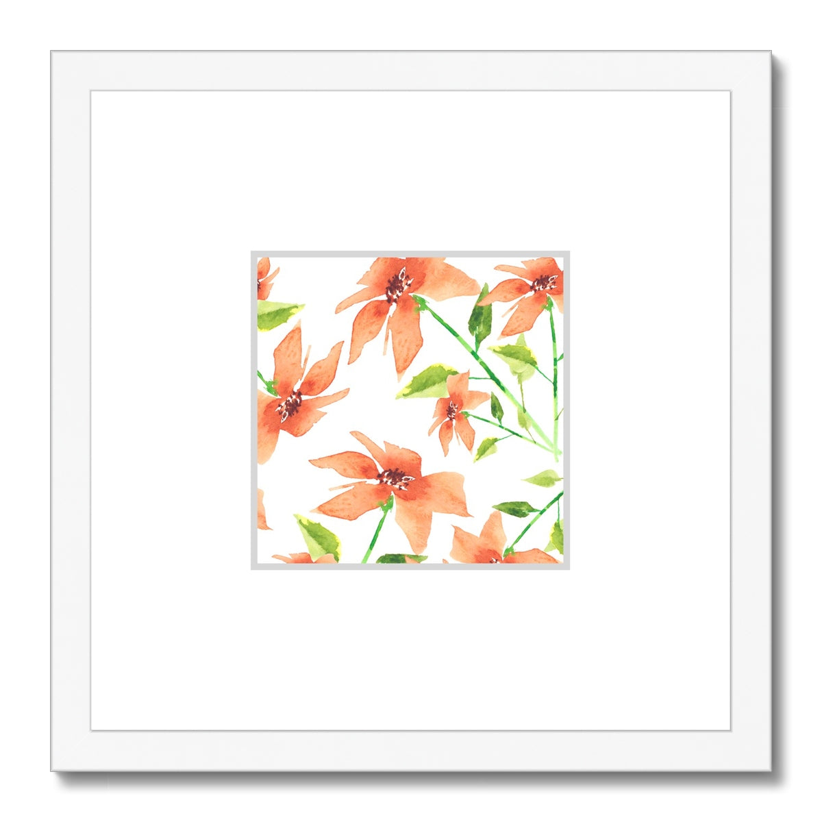 Framed Fine Art Print, Faux Mat - 12x12 inches | Pale Orange Floral Watercolor, fms-1380-002