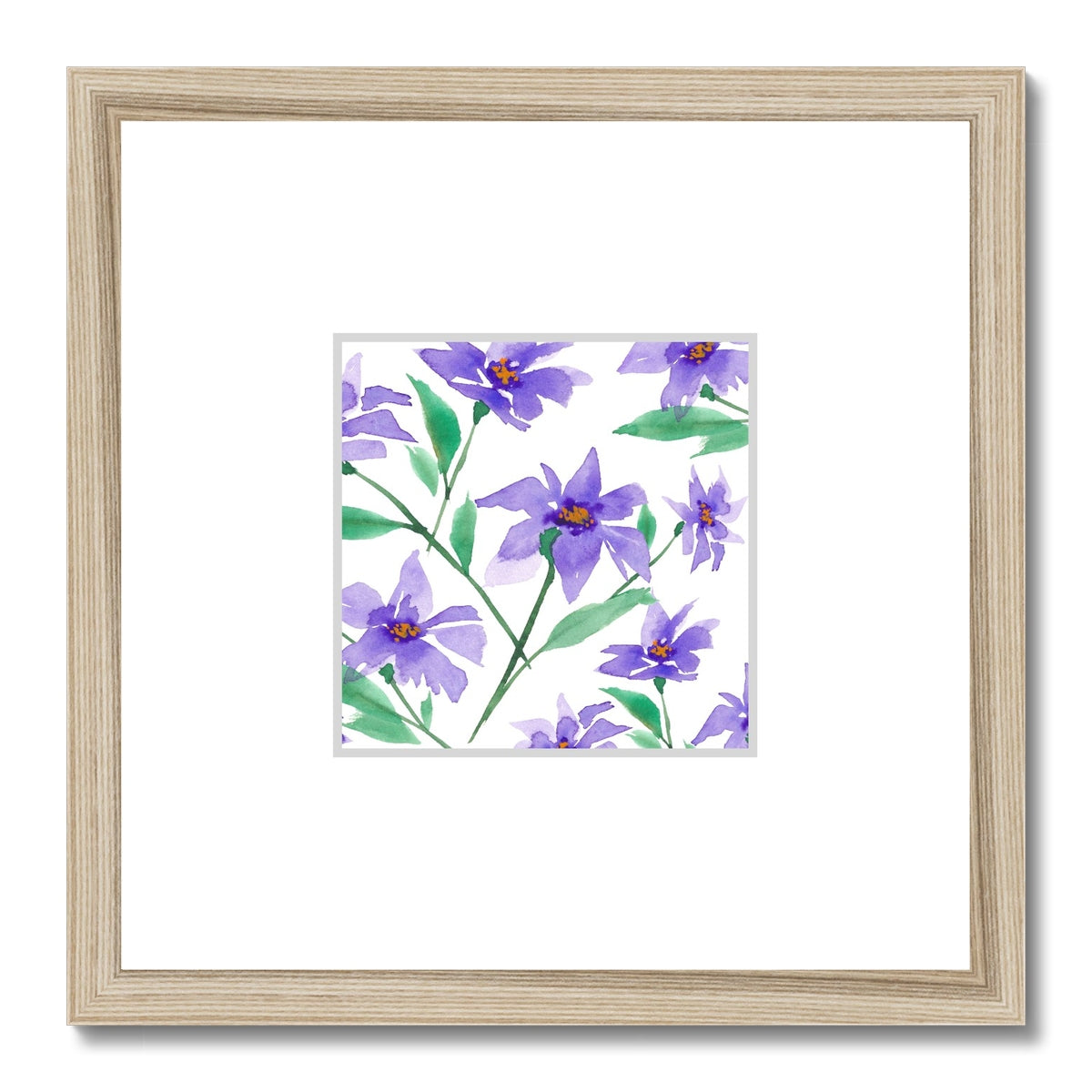 Framed Fine Art Print, Faux Mat - 12x12 inches | Purple Floral Watercolor, fms-1350-002