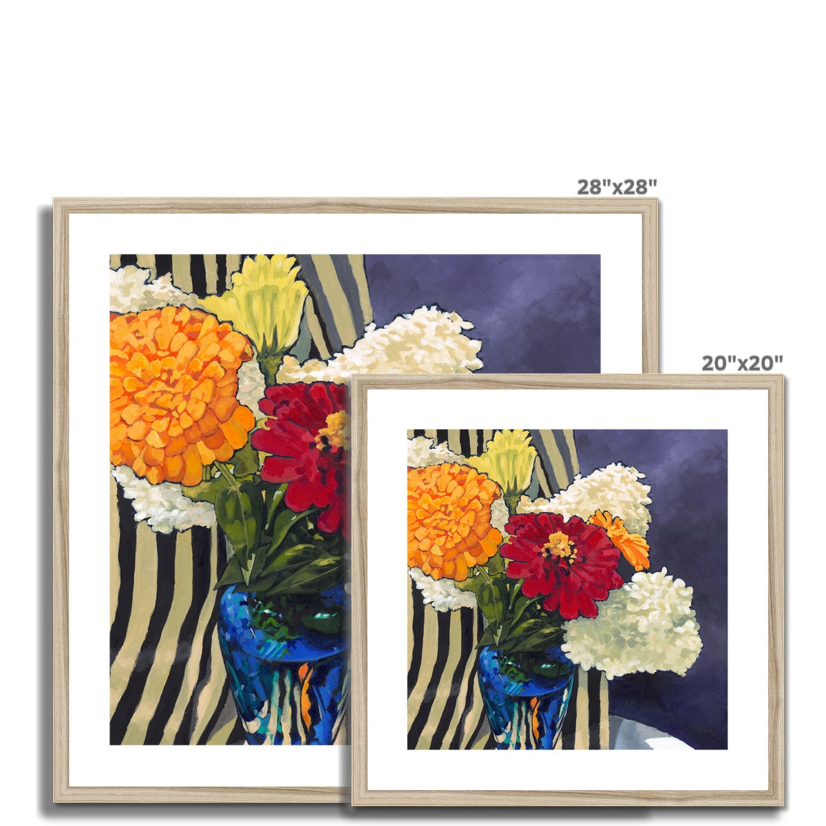 Framed Fine Art Print, White Mat - 8x8 12x12 16x16 20x20 24x24 28x28 36x36 inches | Hydrangeas & Zinnias in Acrylic, FPS-1030